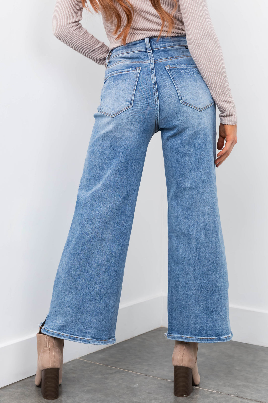 Risen Ankle Wide Leg Jeans with Side Slit & Lime Lush