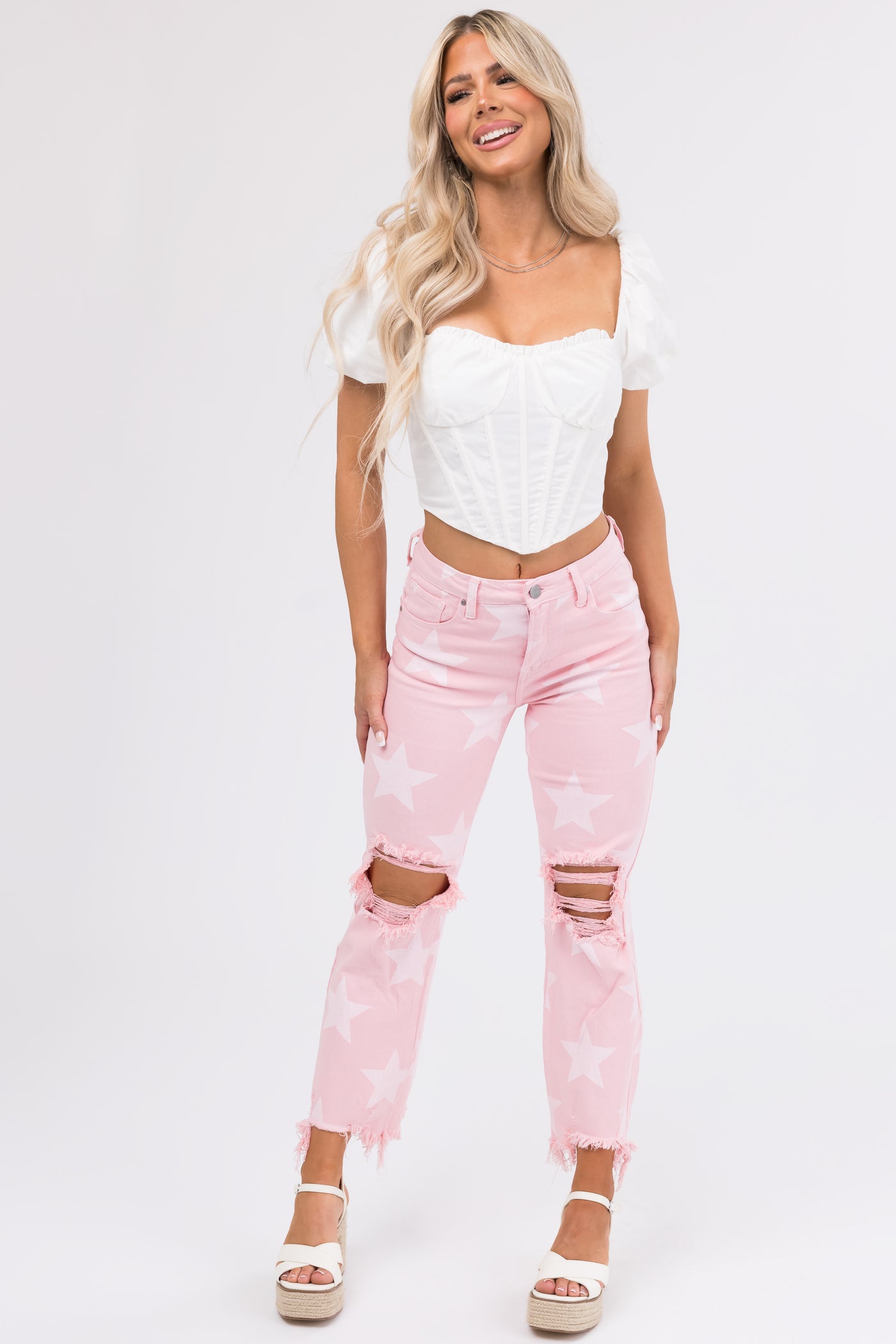 Risen Baby Pink Star Print High Rise Jeans