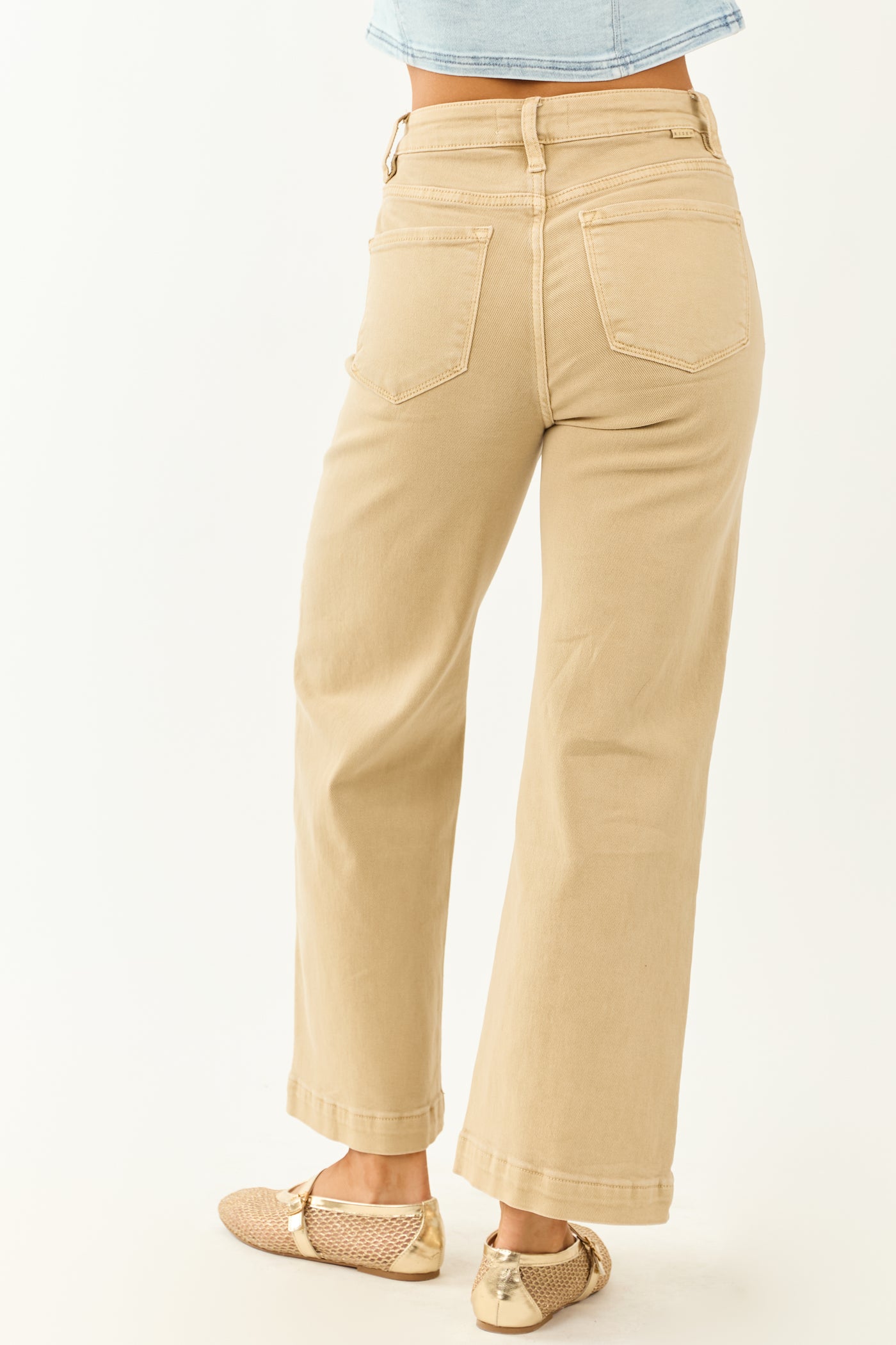 Risen Beige Tummy Control Stretchy Wide Leg Jeans