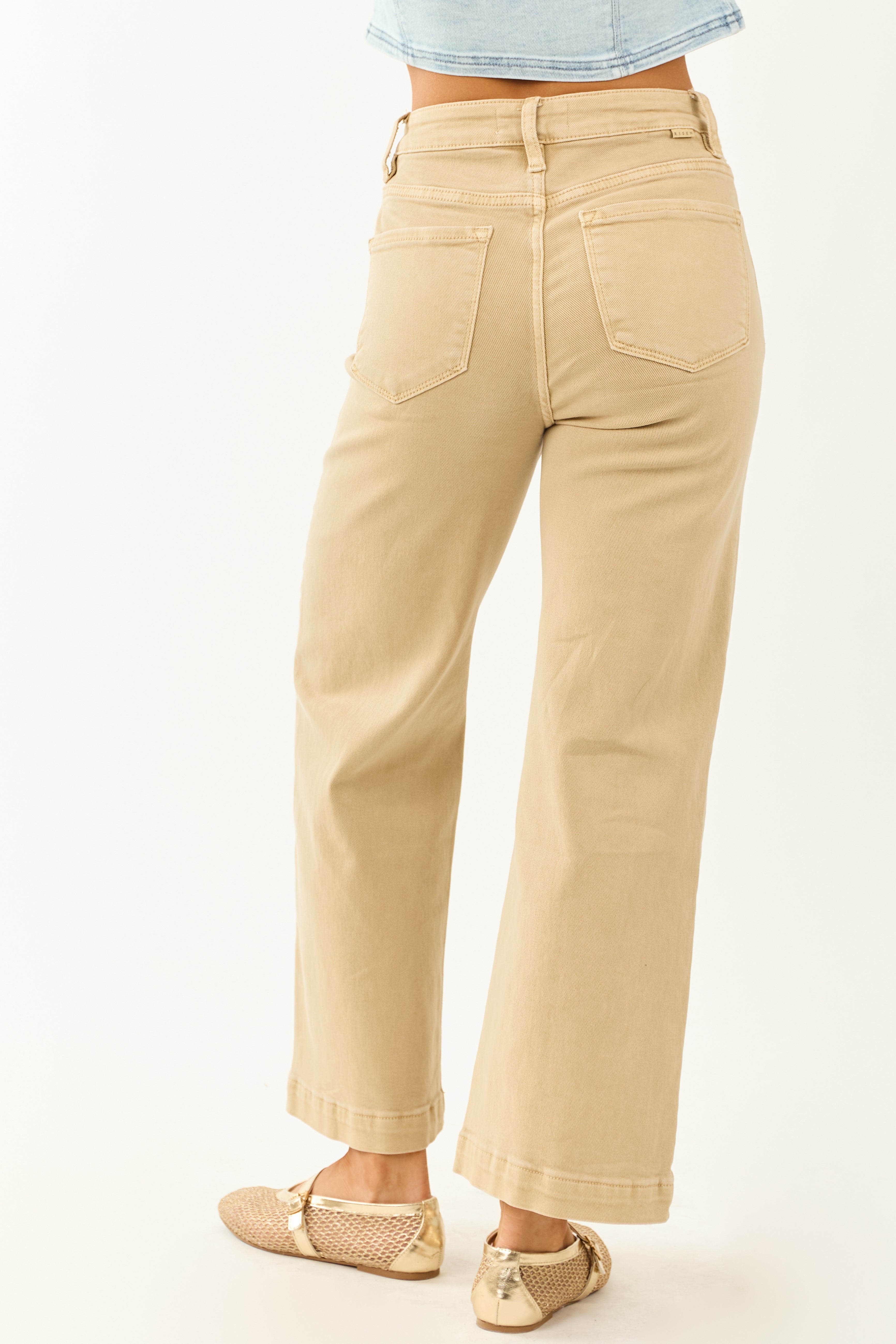 Risen Beige Tummy Control Stretchy Wide Leg Jeans
