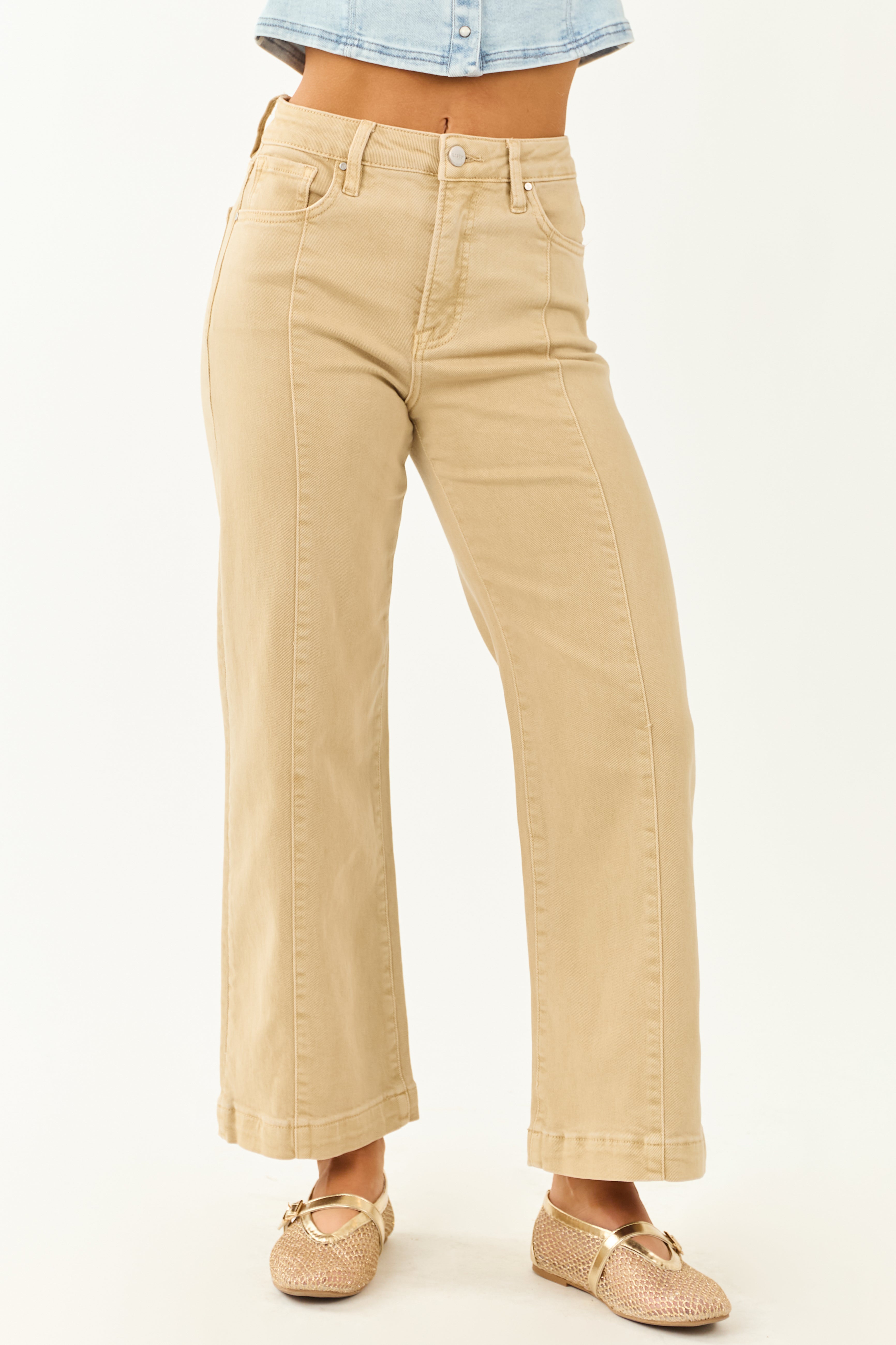 Risen Beige Tummy Control Stretchy Wide Leg Jeans