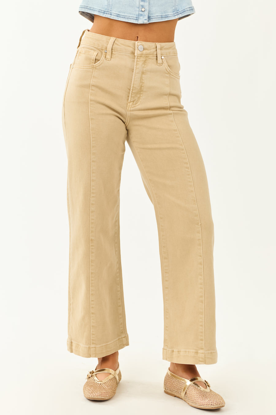 Risen Beige Tummy Control Stretchy Wide Leg Jeans
