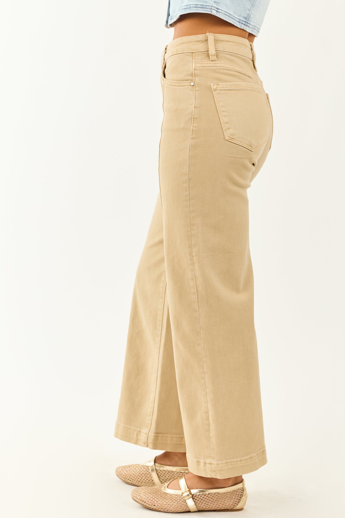 Risen Beige Tummy Control Stretchy Wide Leg Jeans