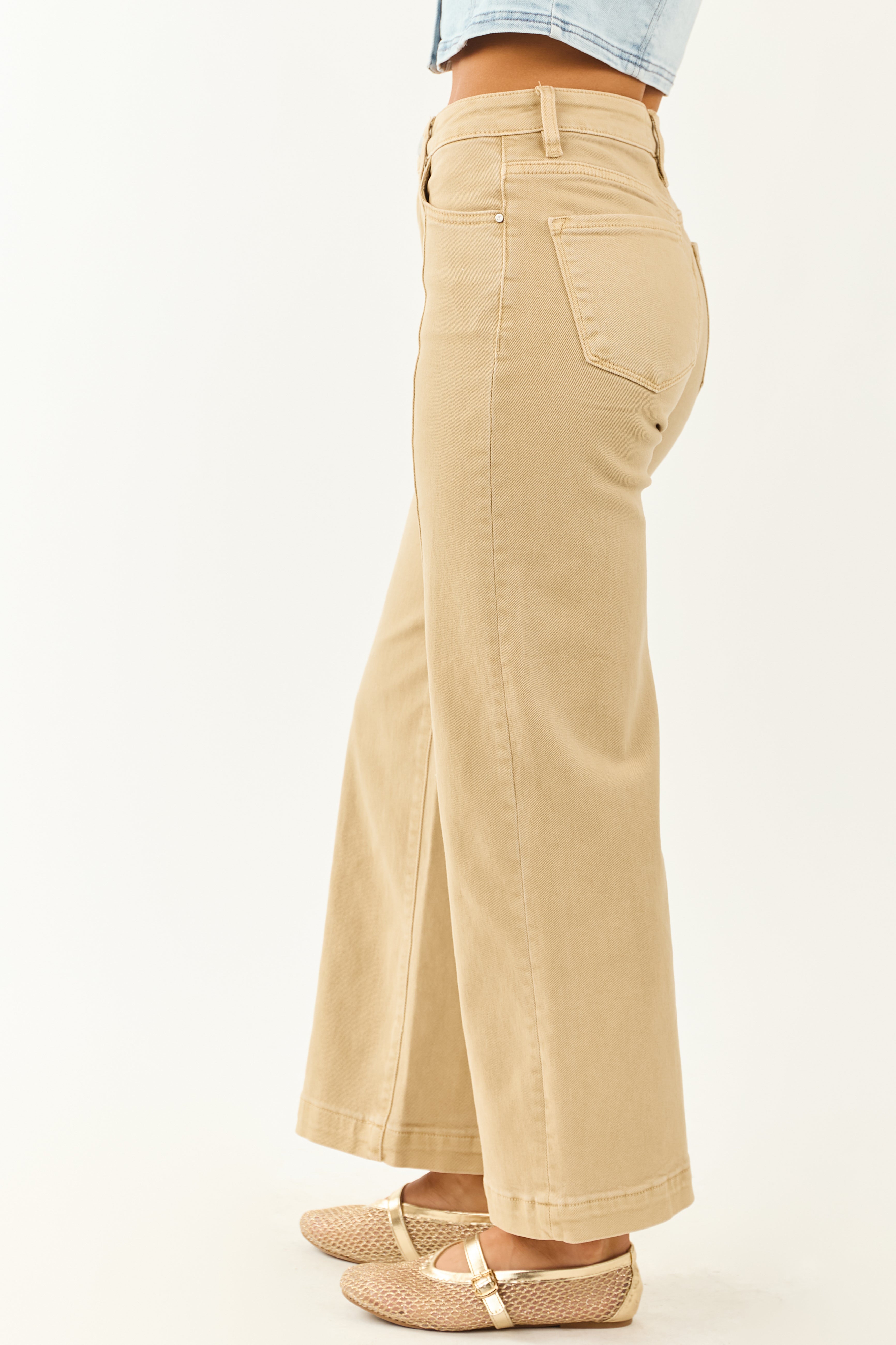 Risen Beige Tummy Control Stretchy Wide Leg Jeans