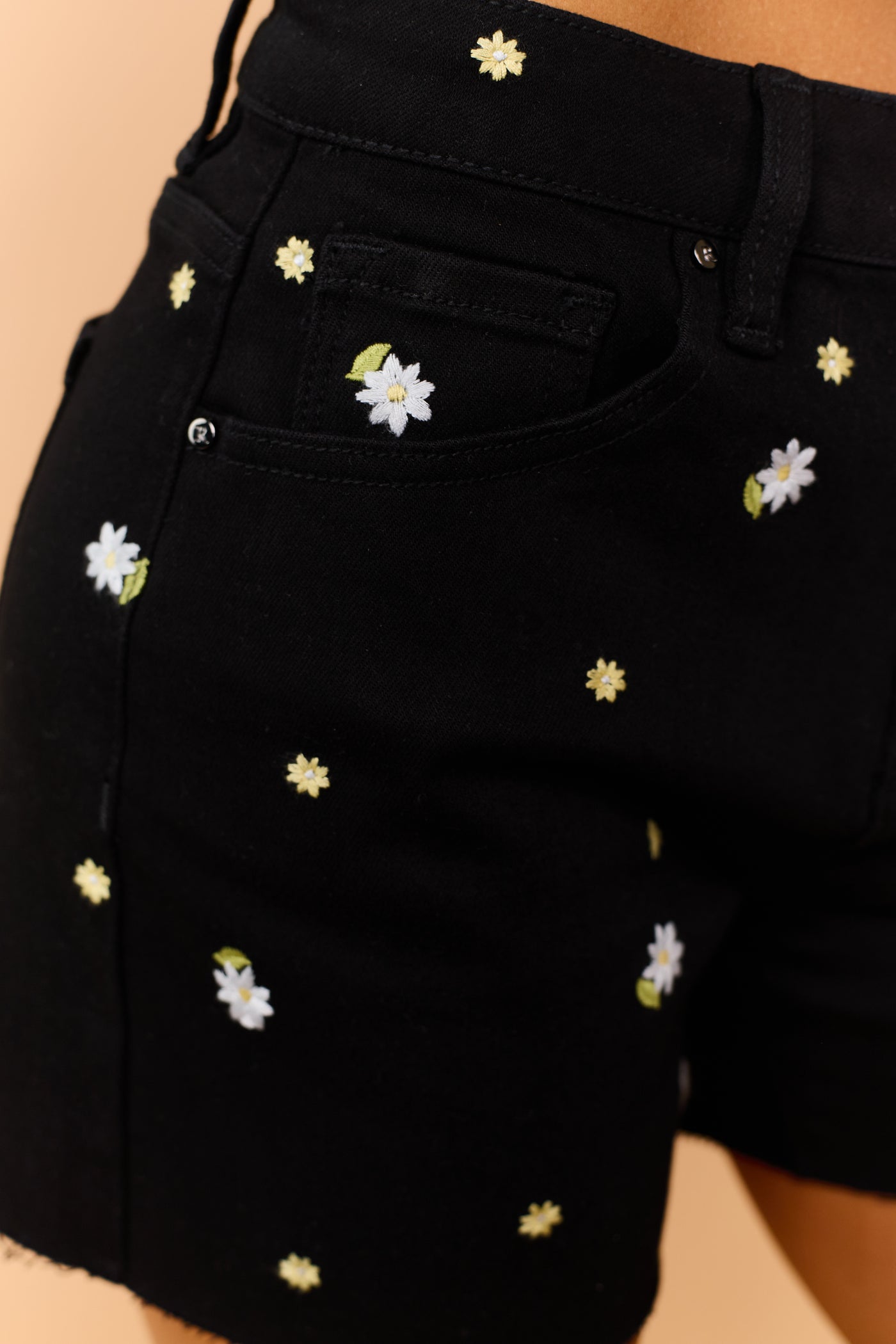 Risen Black Floral Embroidered Stretchy Mini Shorts