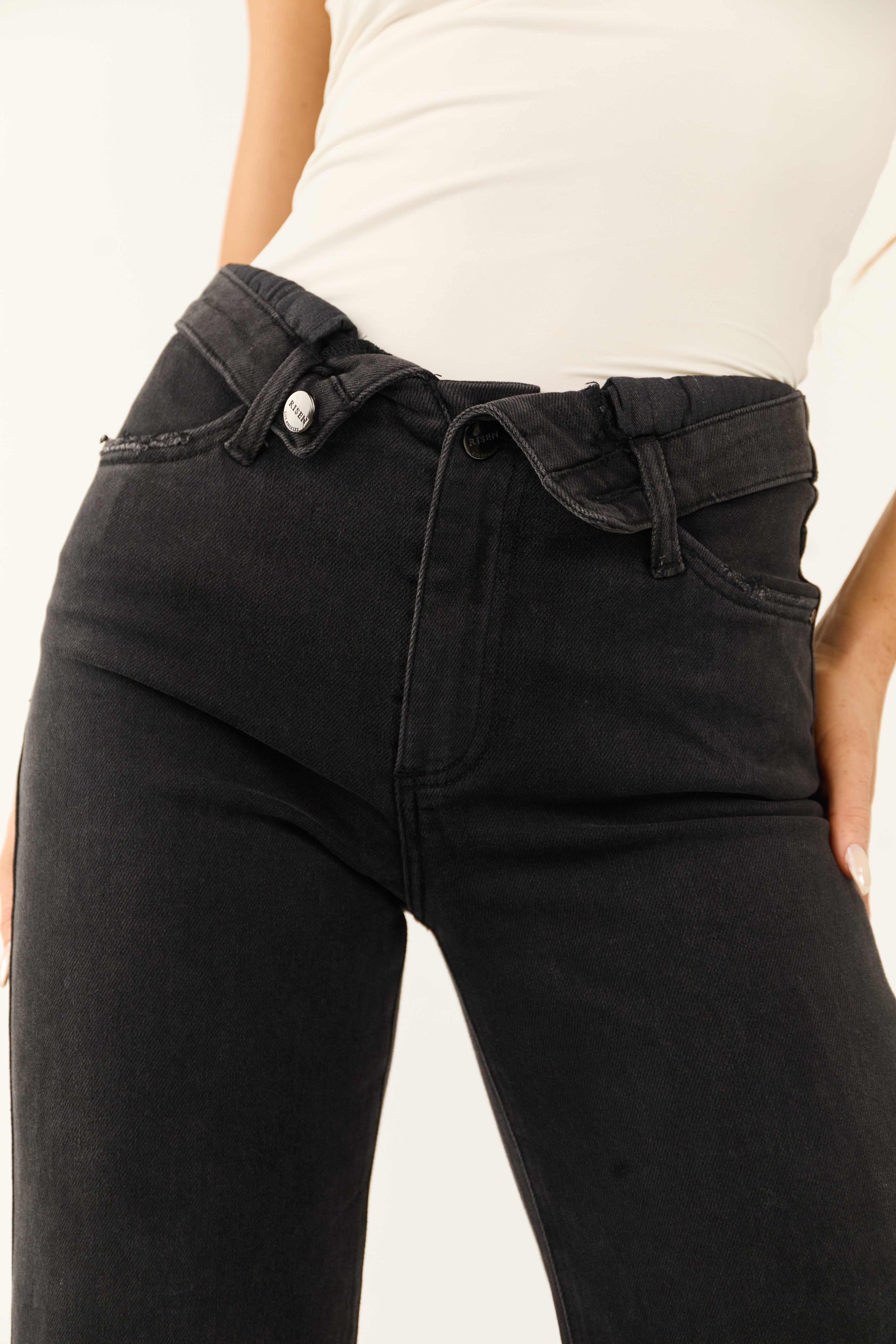 Risen Black Mid Rise Folded Waist Wide Leg Jeans | Lime Lush