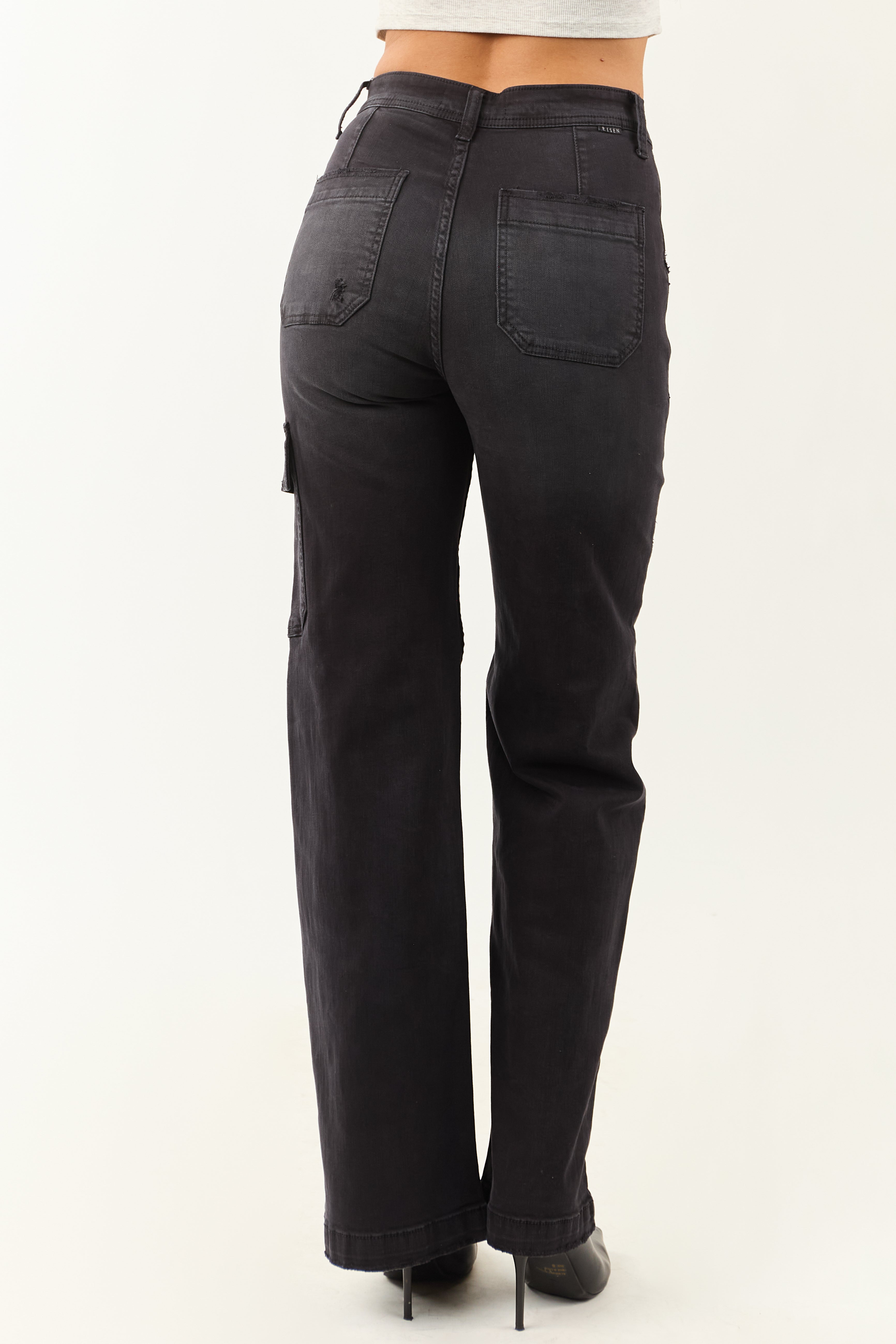 Risen Black Stretchy Wide Leg Cargo Pocket Jeans