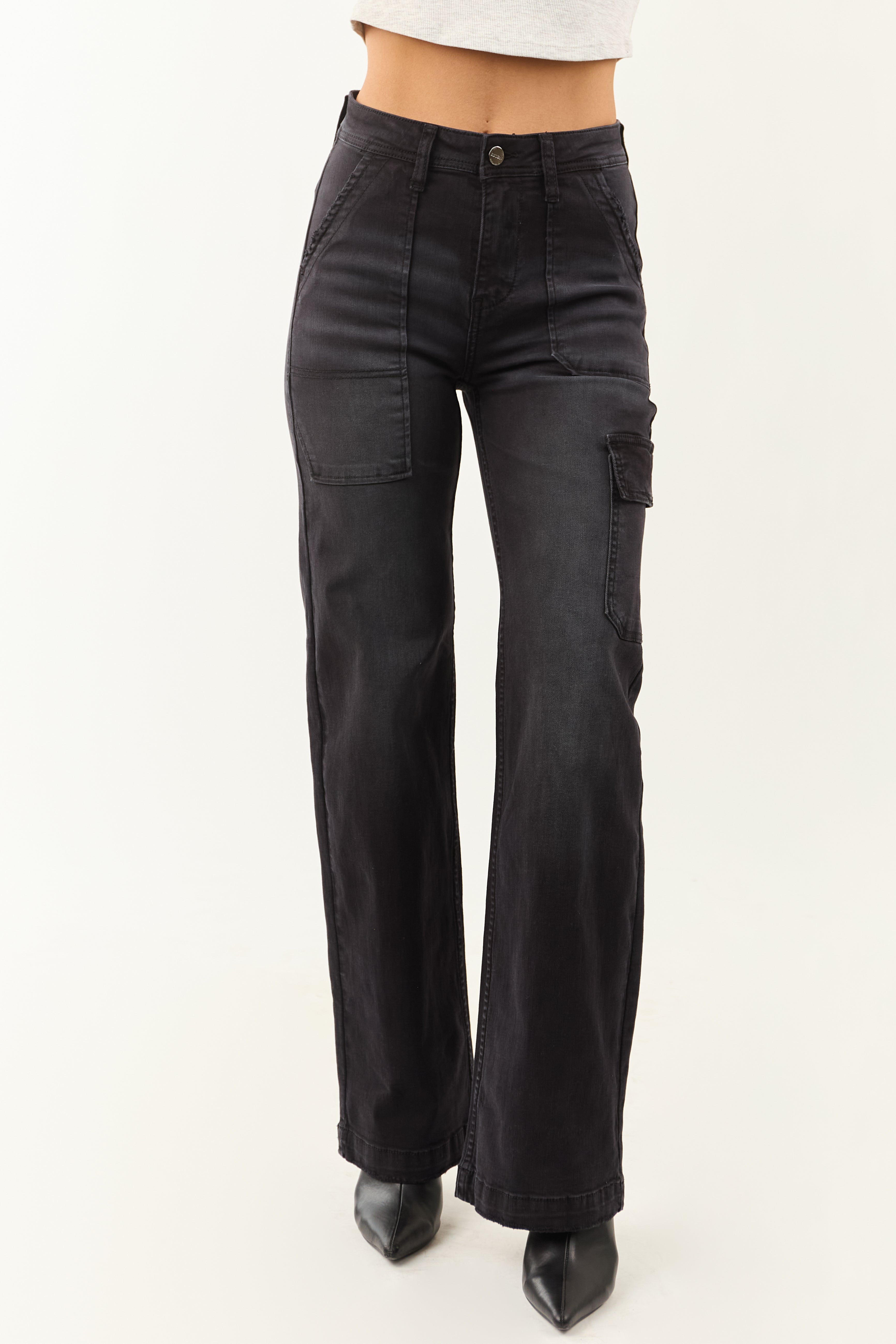 Risen Black Stretchy Wide Leg Cargo Pocket Jeans