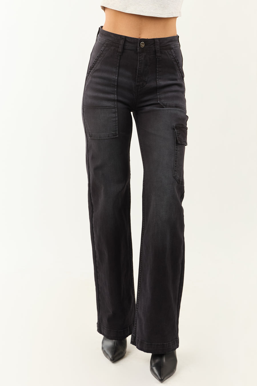 Risen Black Stretchy Wide Leg Cargo Pocket Jeans
