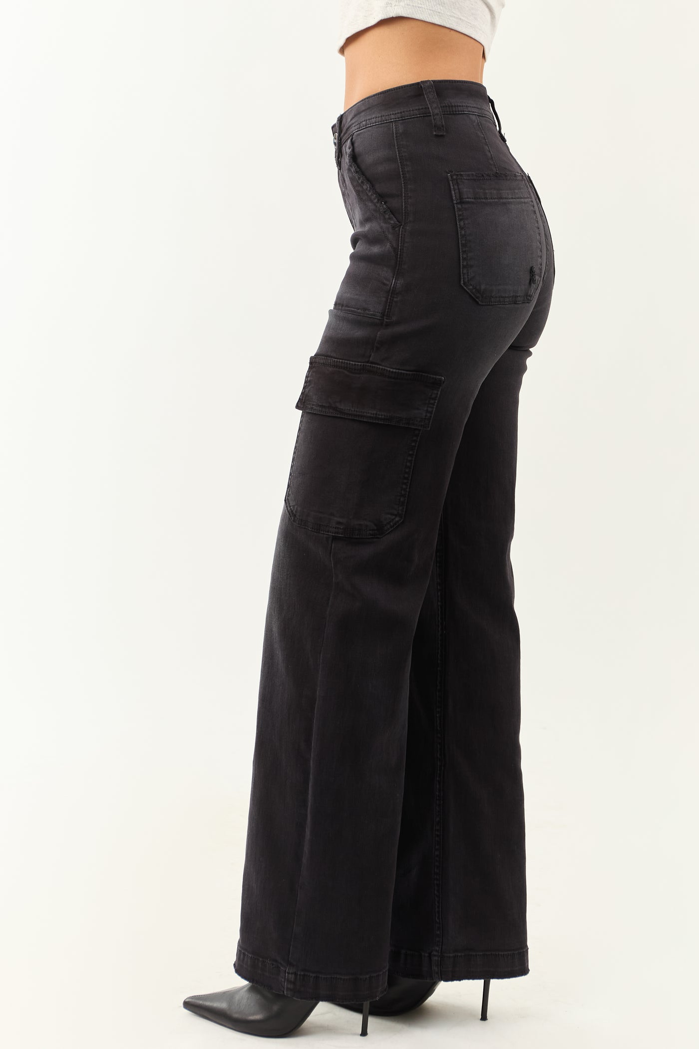 Risen Black Stretchy Wide Leg Cargo Pocket Jeans