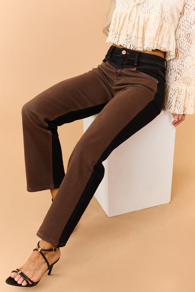Risen Chocolate Contrast Wash Stretchy Straight Jeans