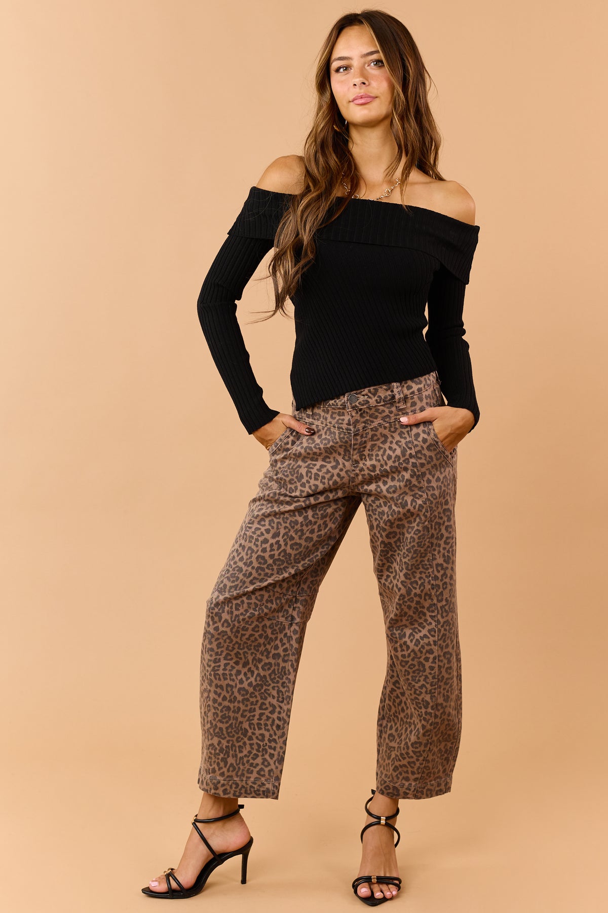 Risen Chocolate Leopard Slouchy Crop Barrel Jeans