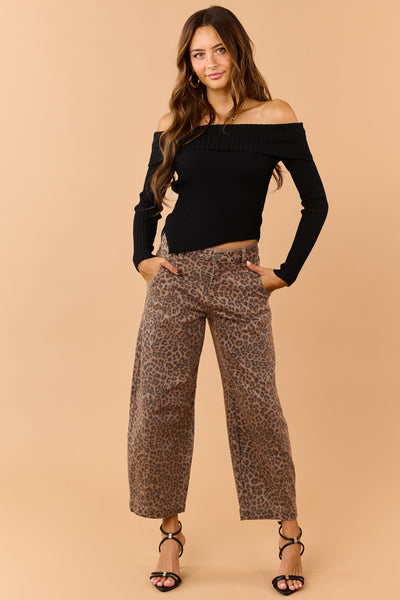 Risen Chocolate Leopard Slouchy Crop Barrel Jeans