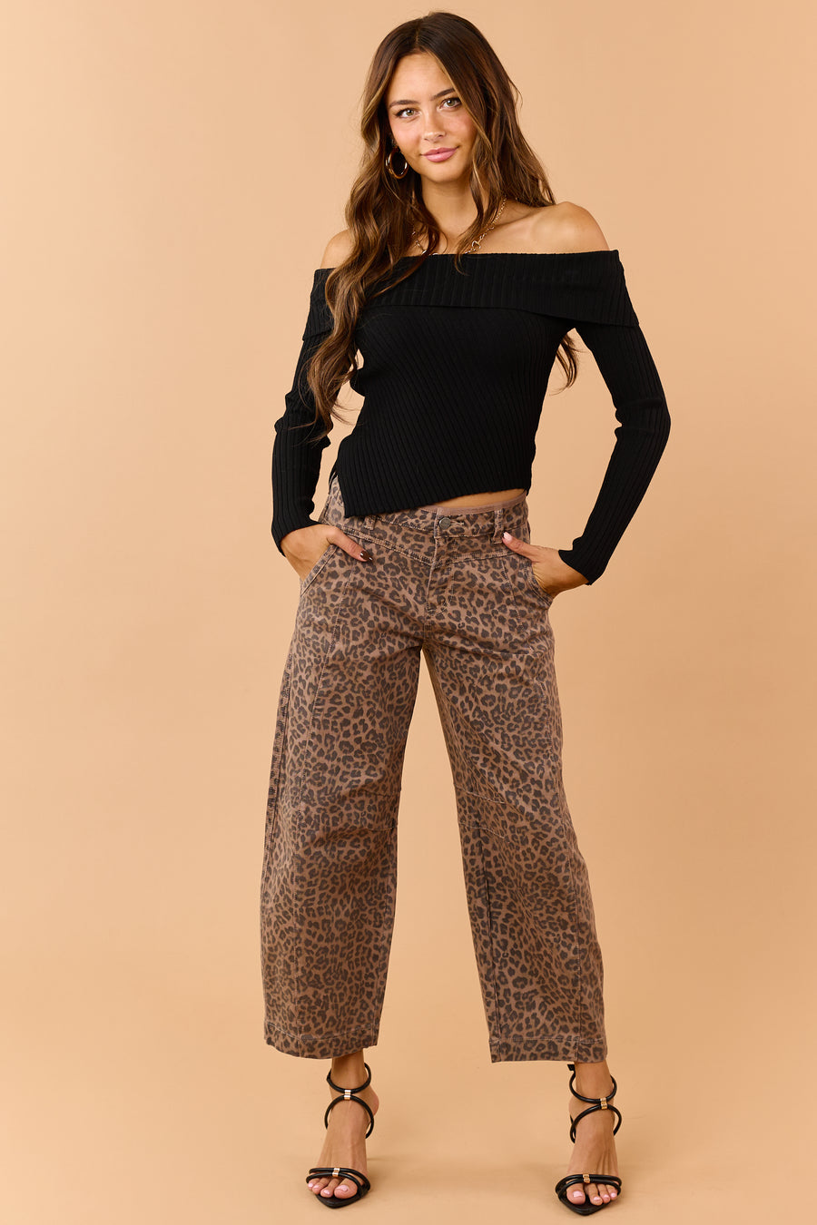 Risen Chocolate Leopard Slouchy Crop Barrel Jeans