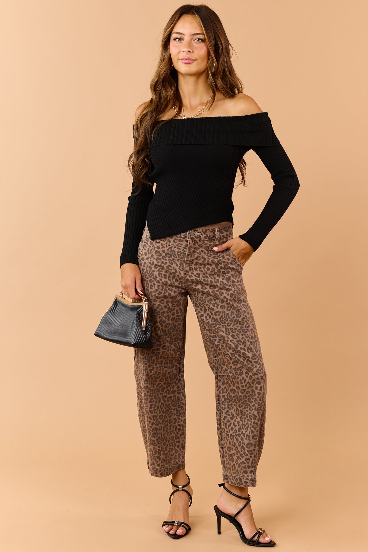 Risen Chocolate Leopard Slouchy Crop Barrel Jeans