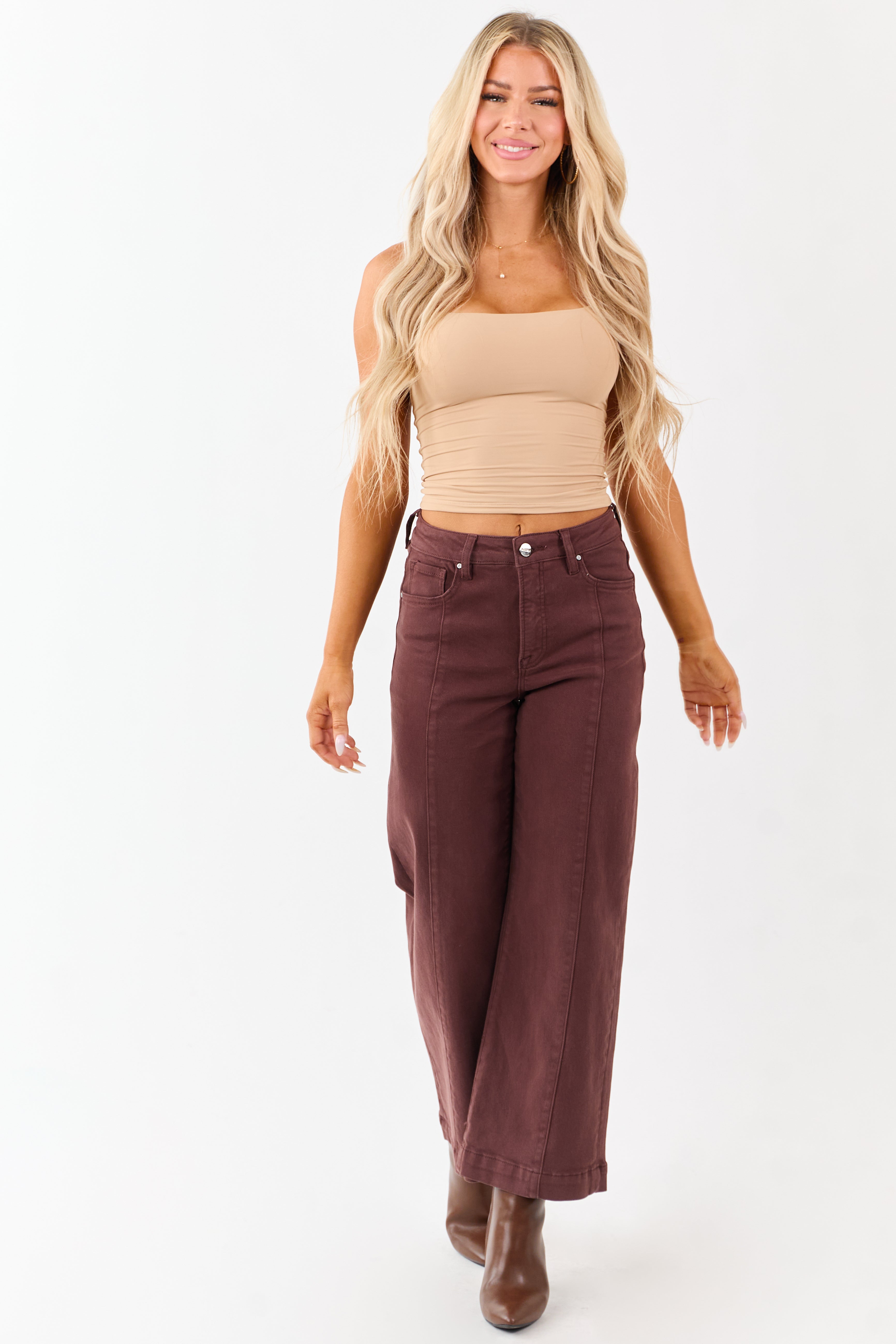 Risen Chocolate Tummy Control Wide Leg Stretchy Jeans | Lime Lush