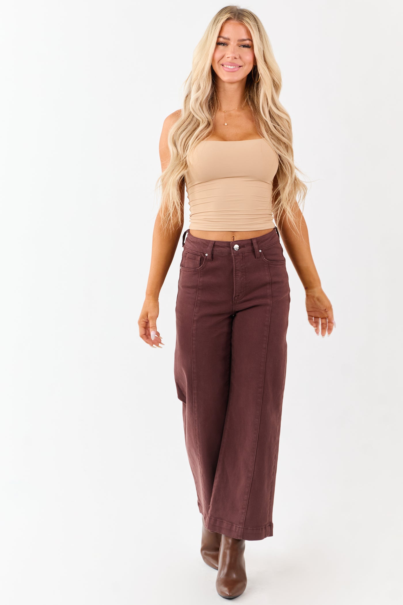 Risen Chocolate Tummy Control Wide Leg Stretchy Jeans