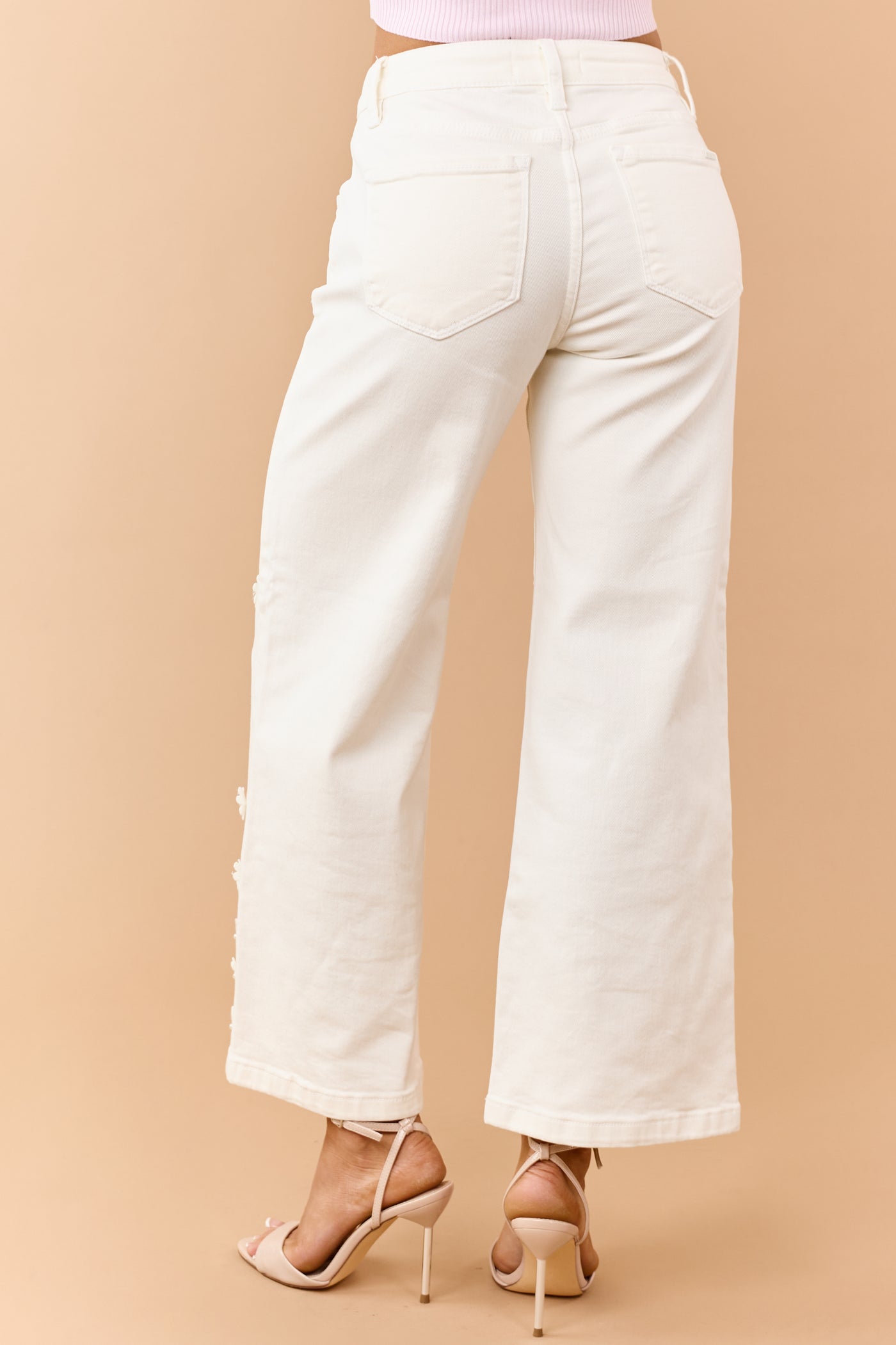 Risen Cream 3D Floral Tummy Control Wide Leg Jeans
