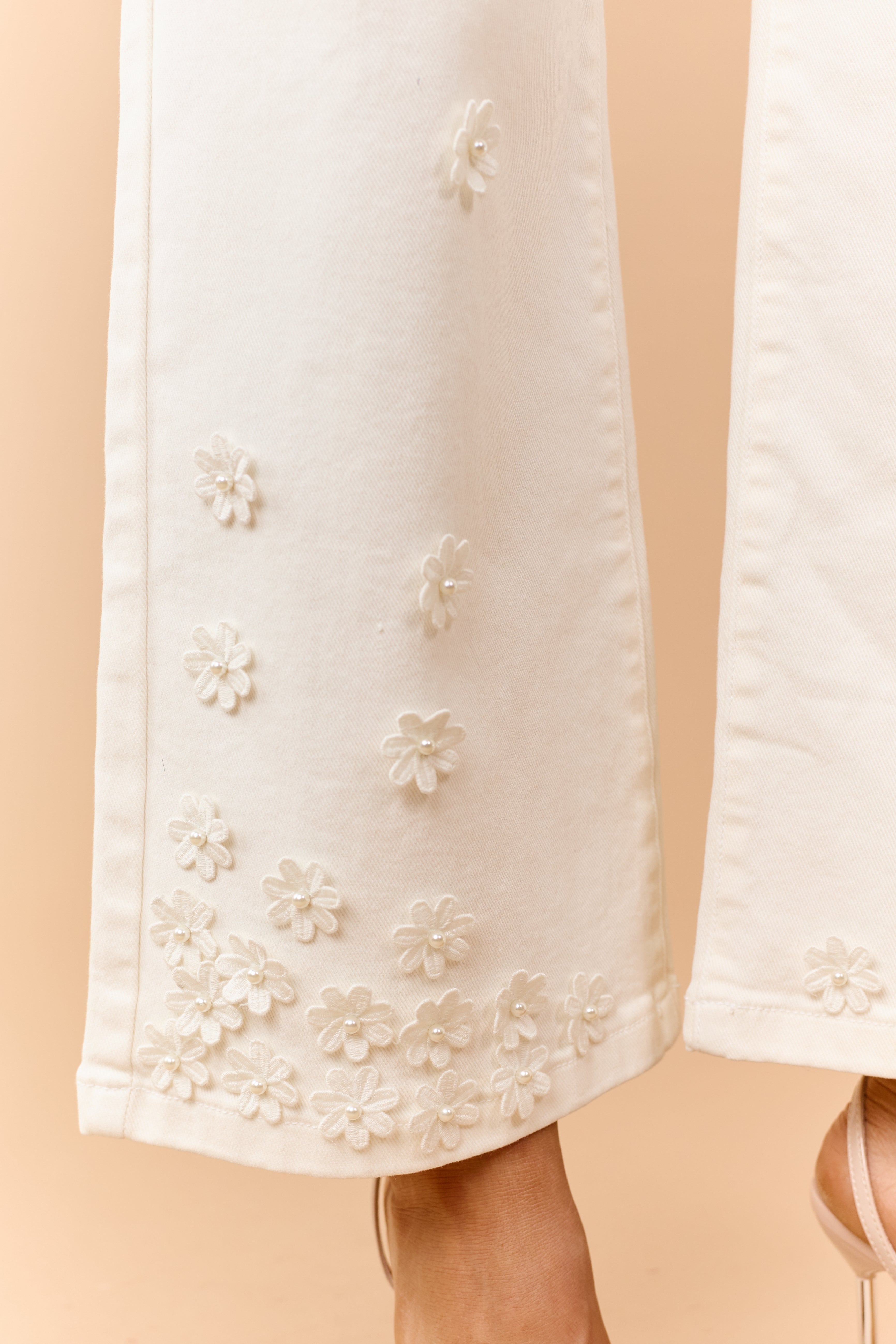 Risen Cream 3D Floral Tummy Control Wide Leg Jeans | Lime Lush