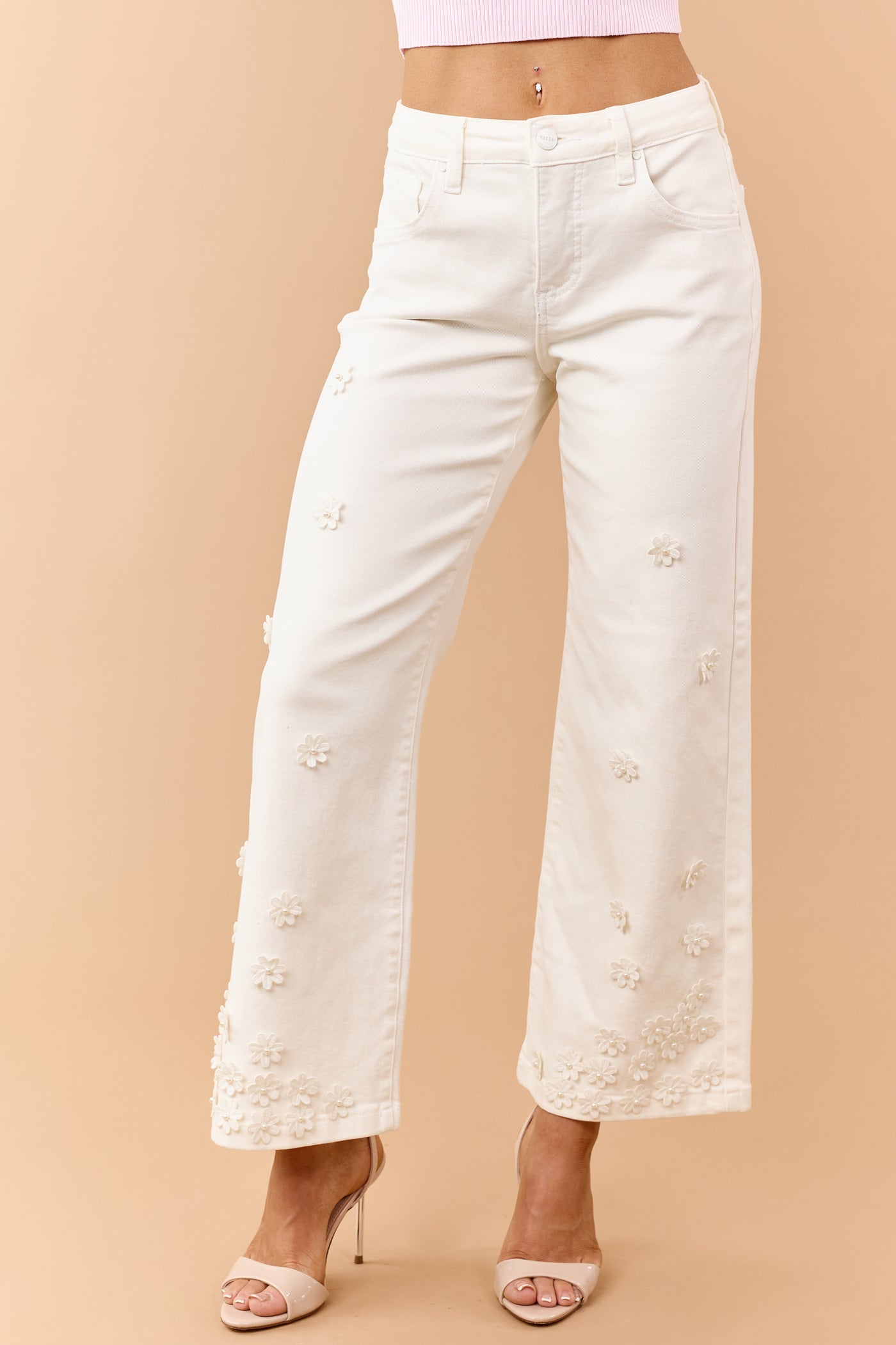 Risen Cream 3D Floral Tummy Control Wide Leg Jeans