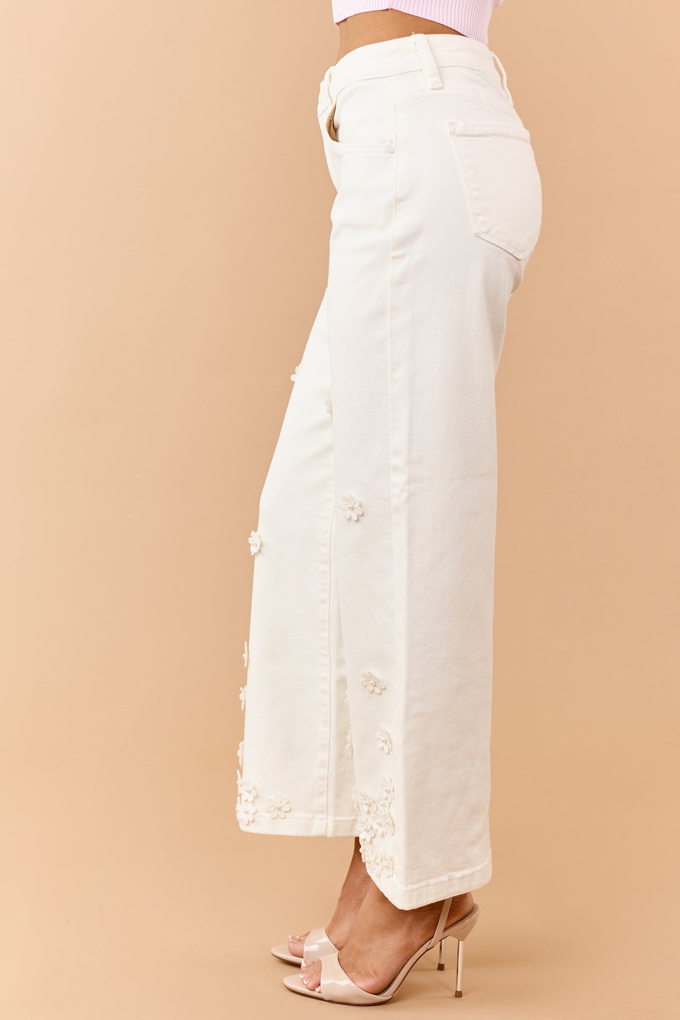 Risen Cream 3D Floral Tummy Control Wide Leg Jeans