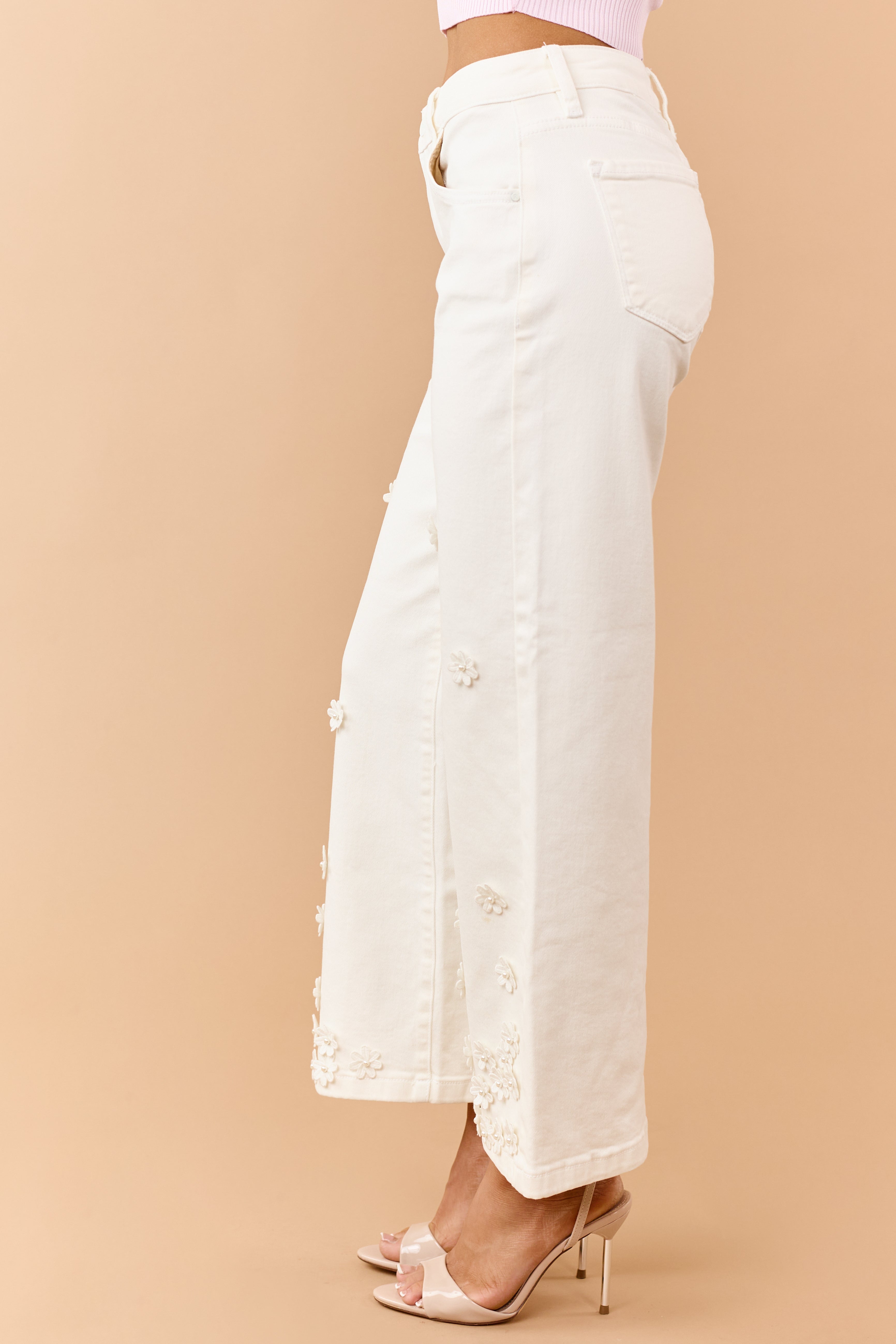 Risen Cream 3D Floral Tummy Control Wide Leg Jeans