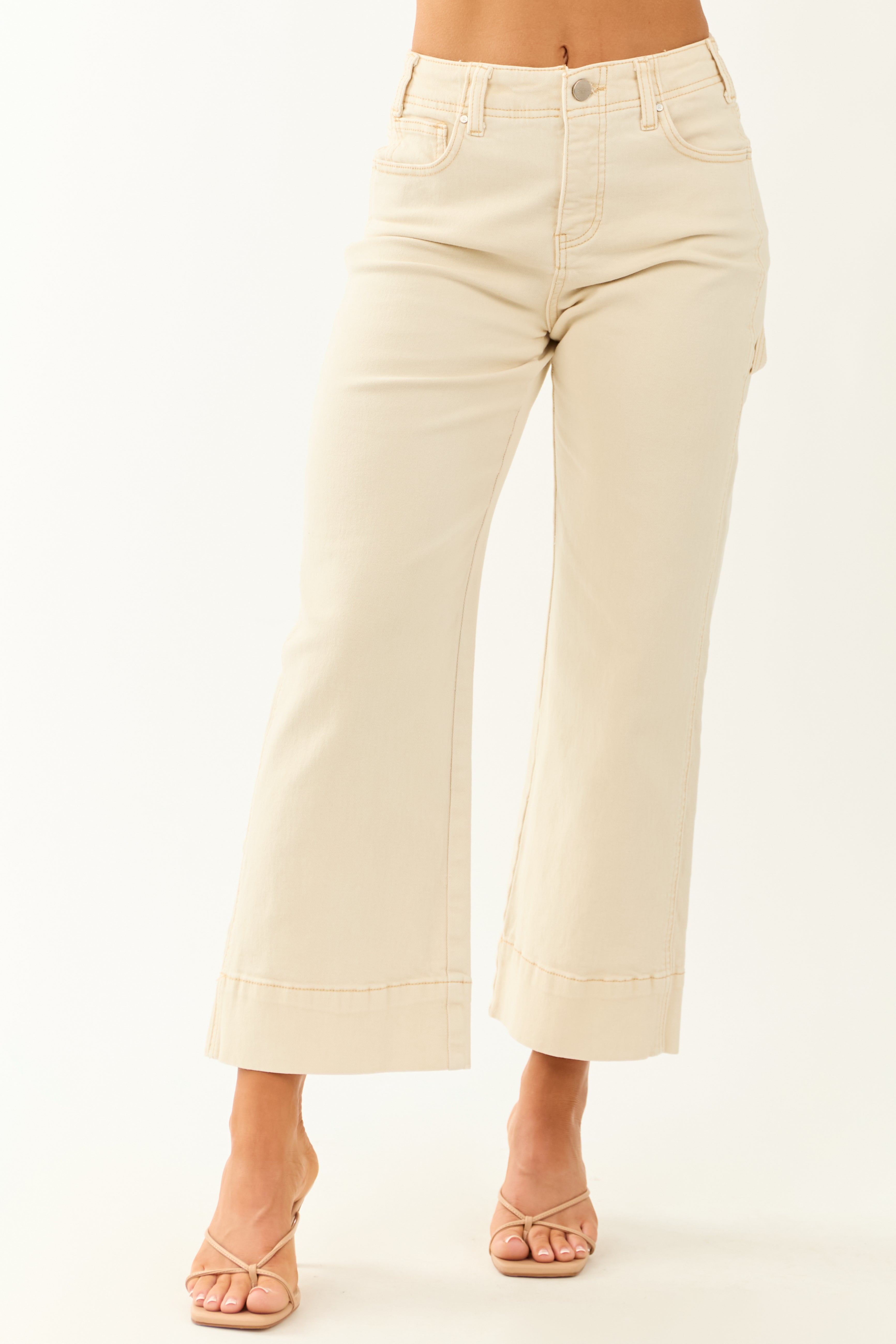 Risen Cream Tummy Control Stretchy Wide Leg Jeans