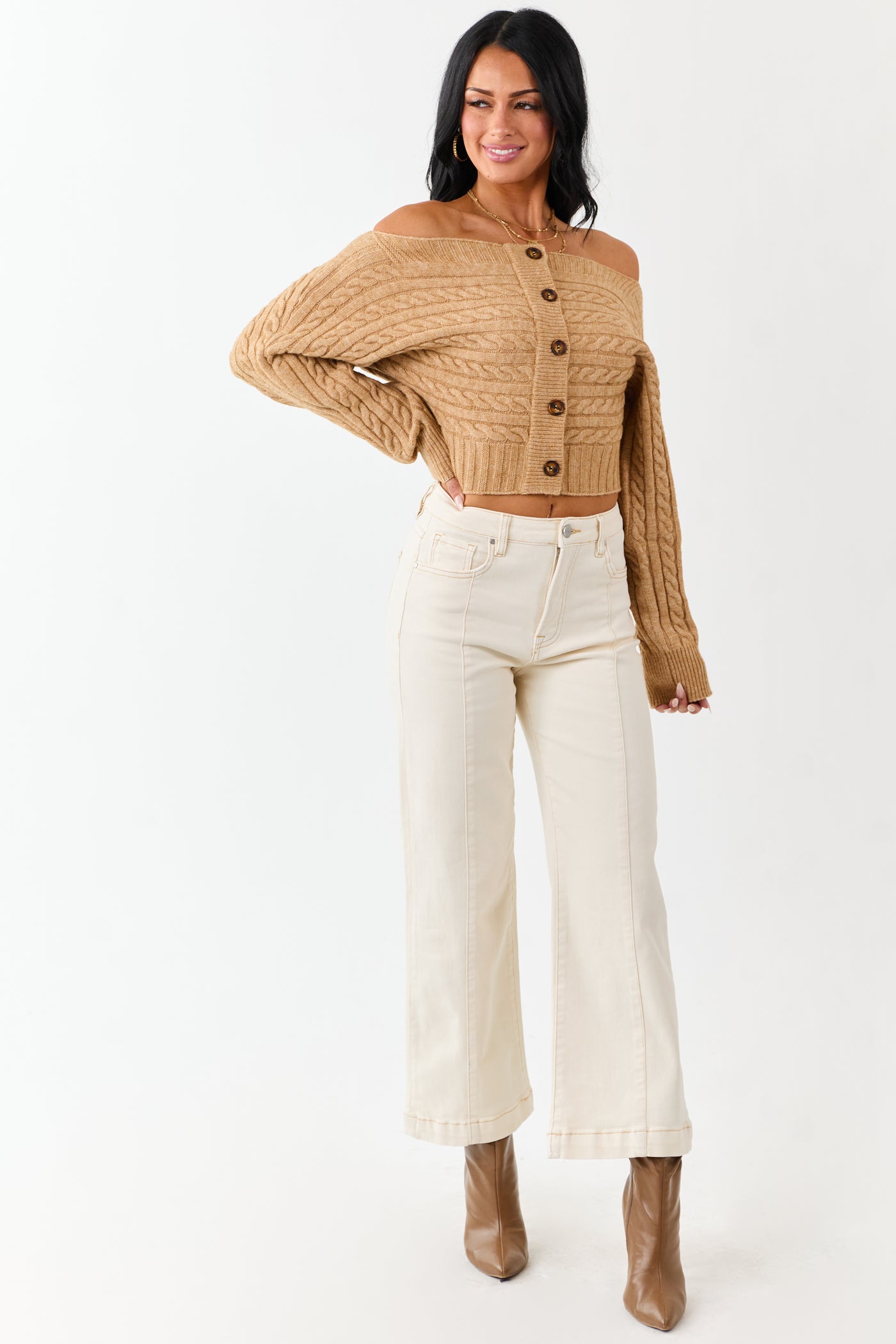 Risen Cream Tummy Control Wide Leg Stretchy Jeans