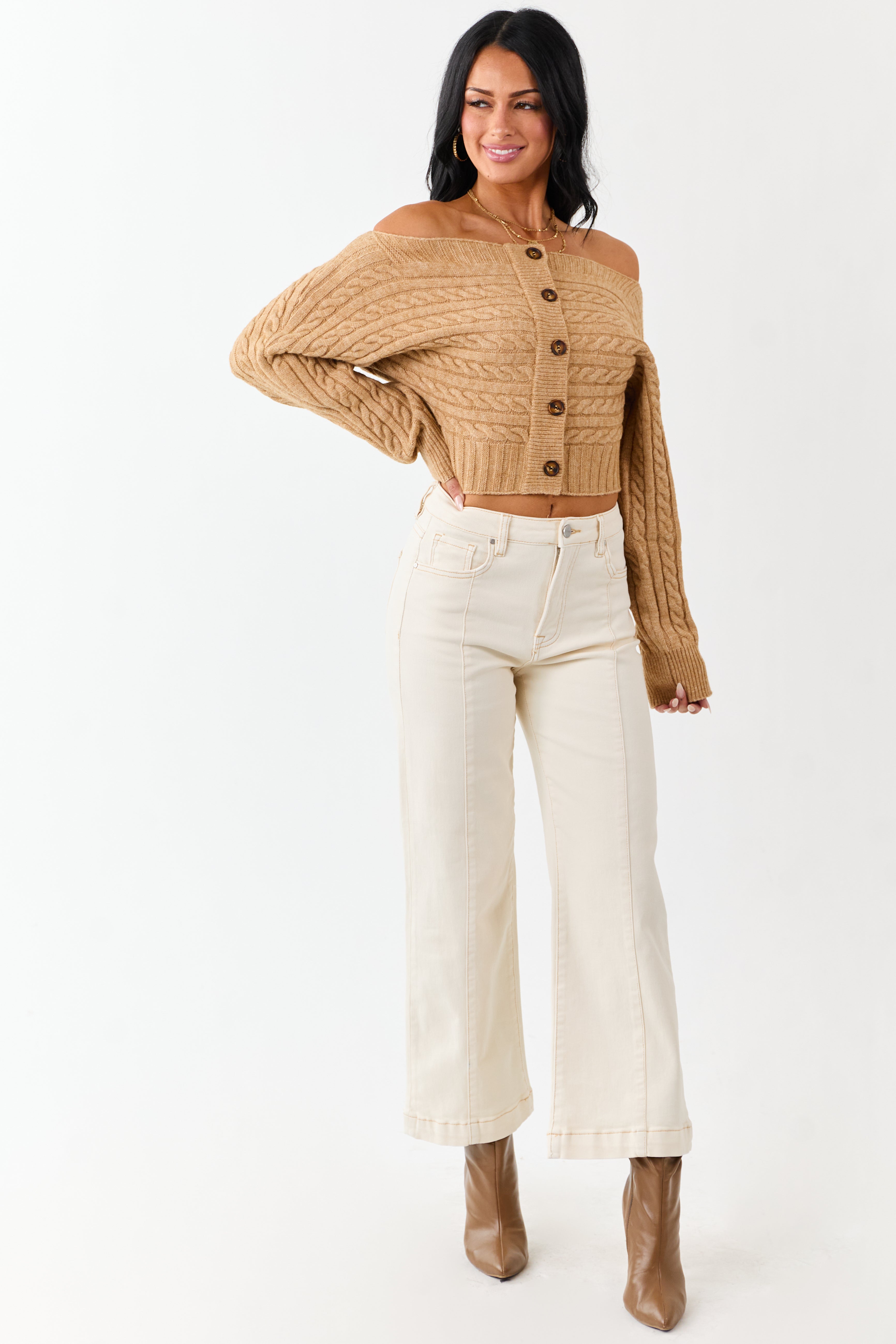 Risen Cream Tummy Control Wide Leg Stretchy Jeans
