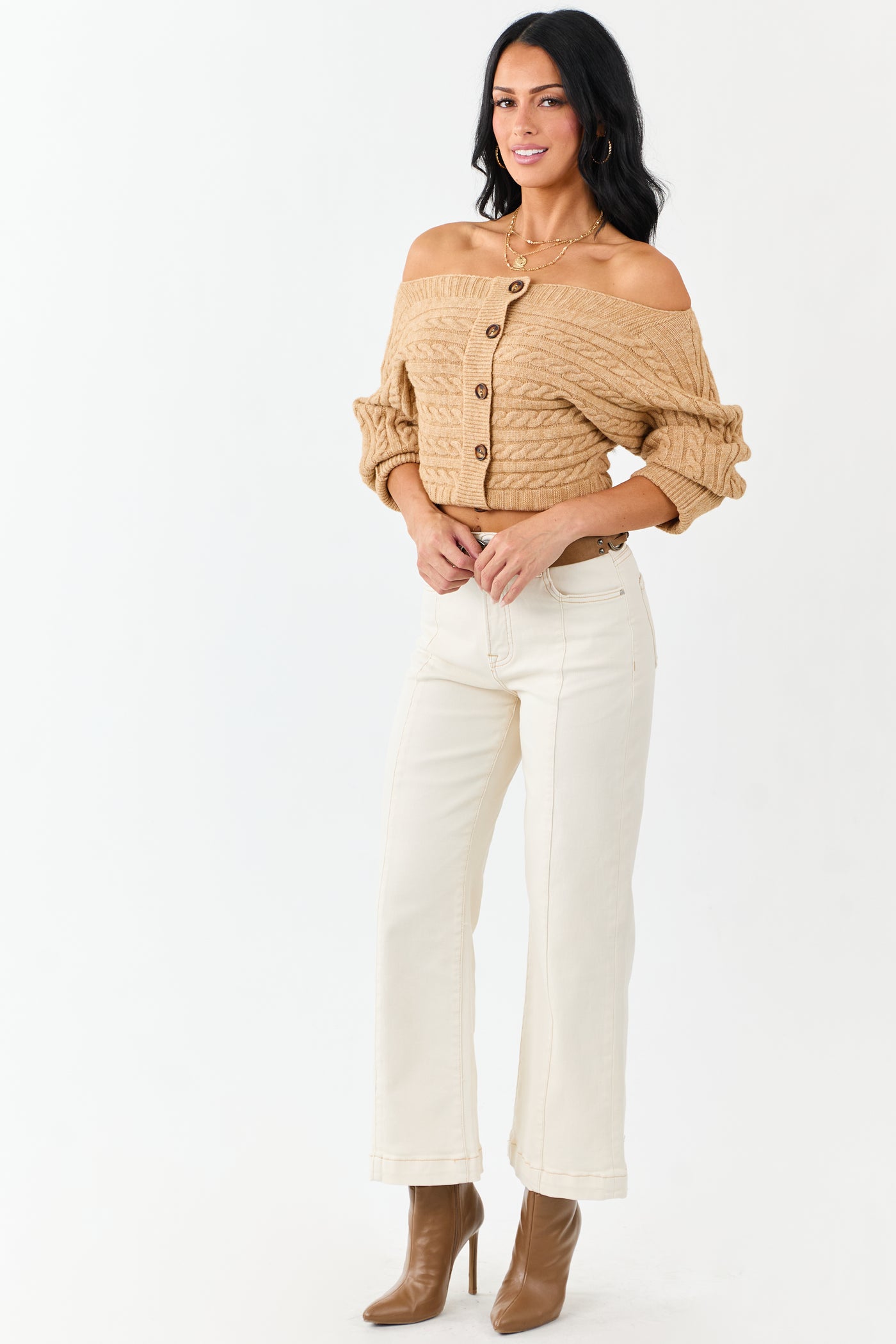 Risen Cream Tummy Control Wide Leg Stretchy Jeans