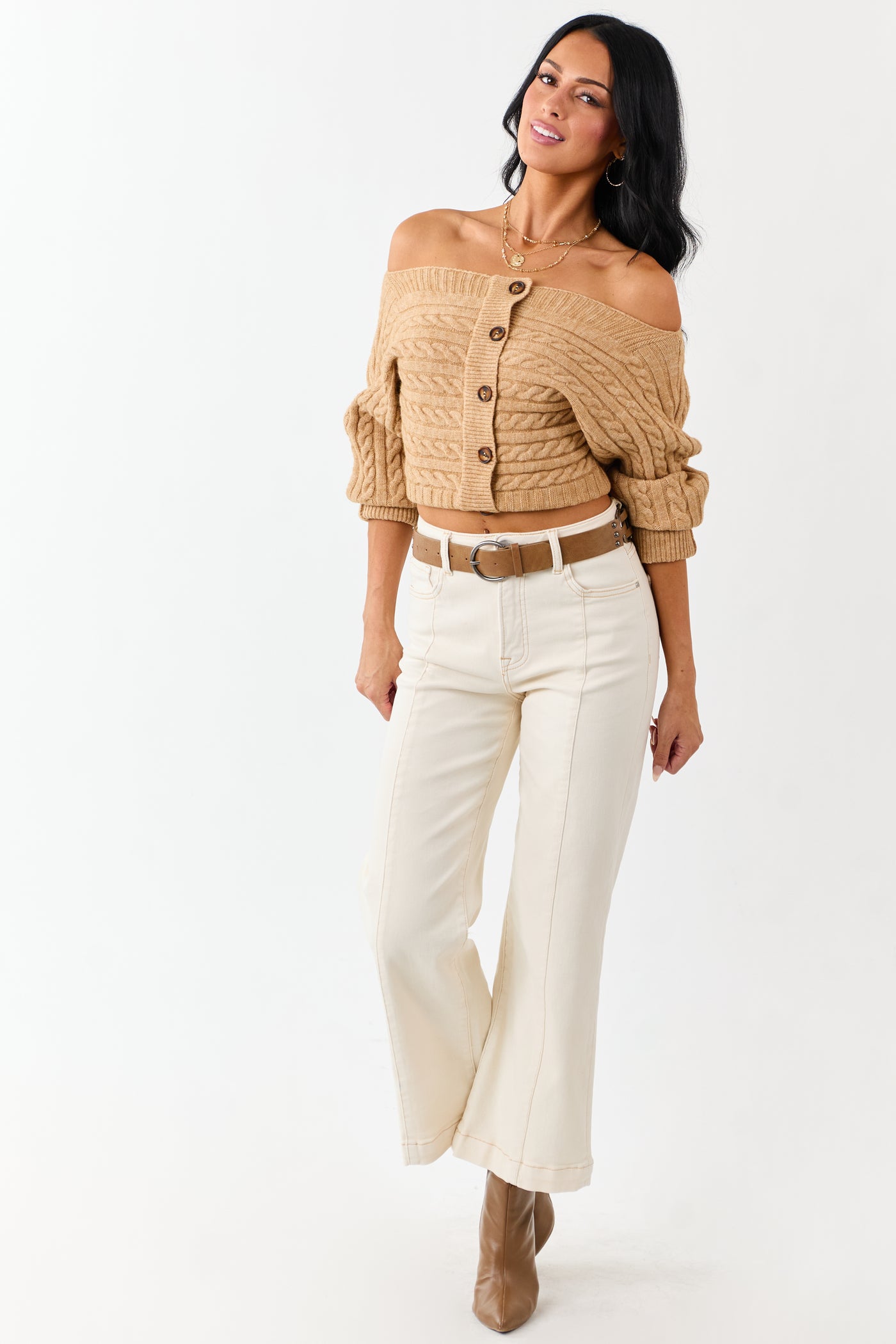 Risen Cream Tummy Control Wide Leg Stretchy Jeans