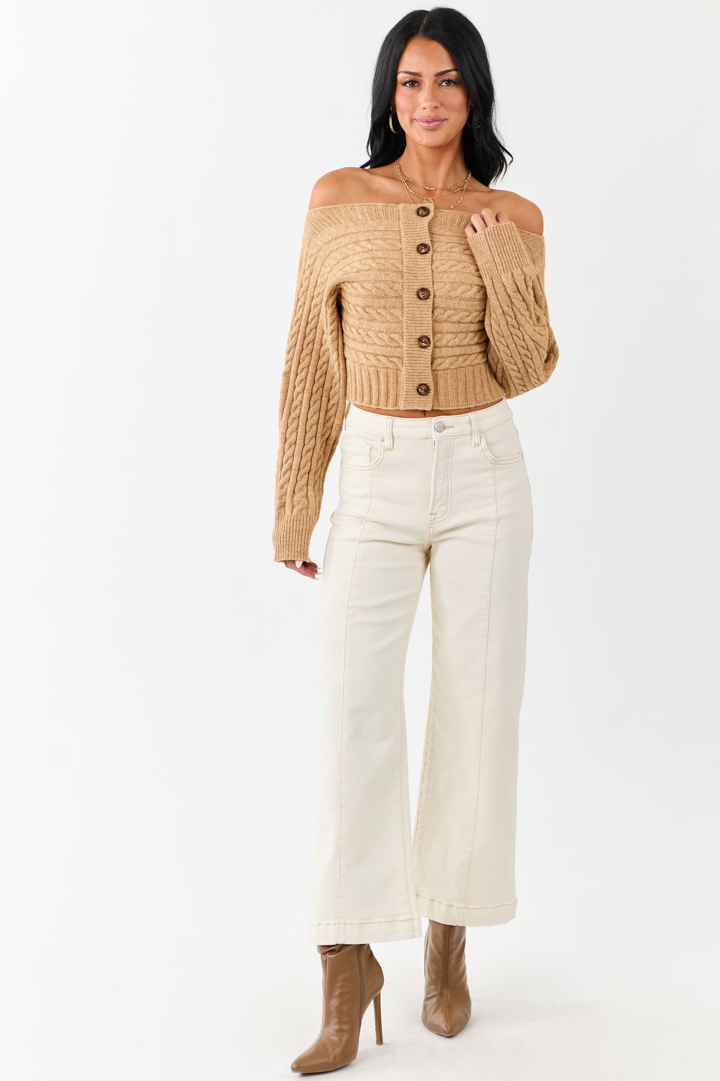 Risen Cream Tummy Control Wide Leg Stretchy Jeans