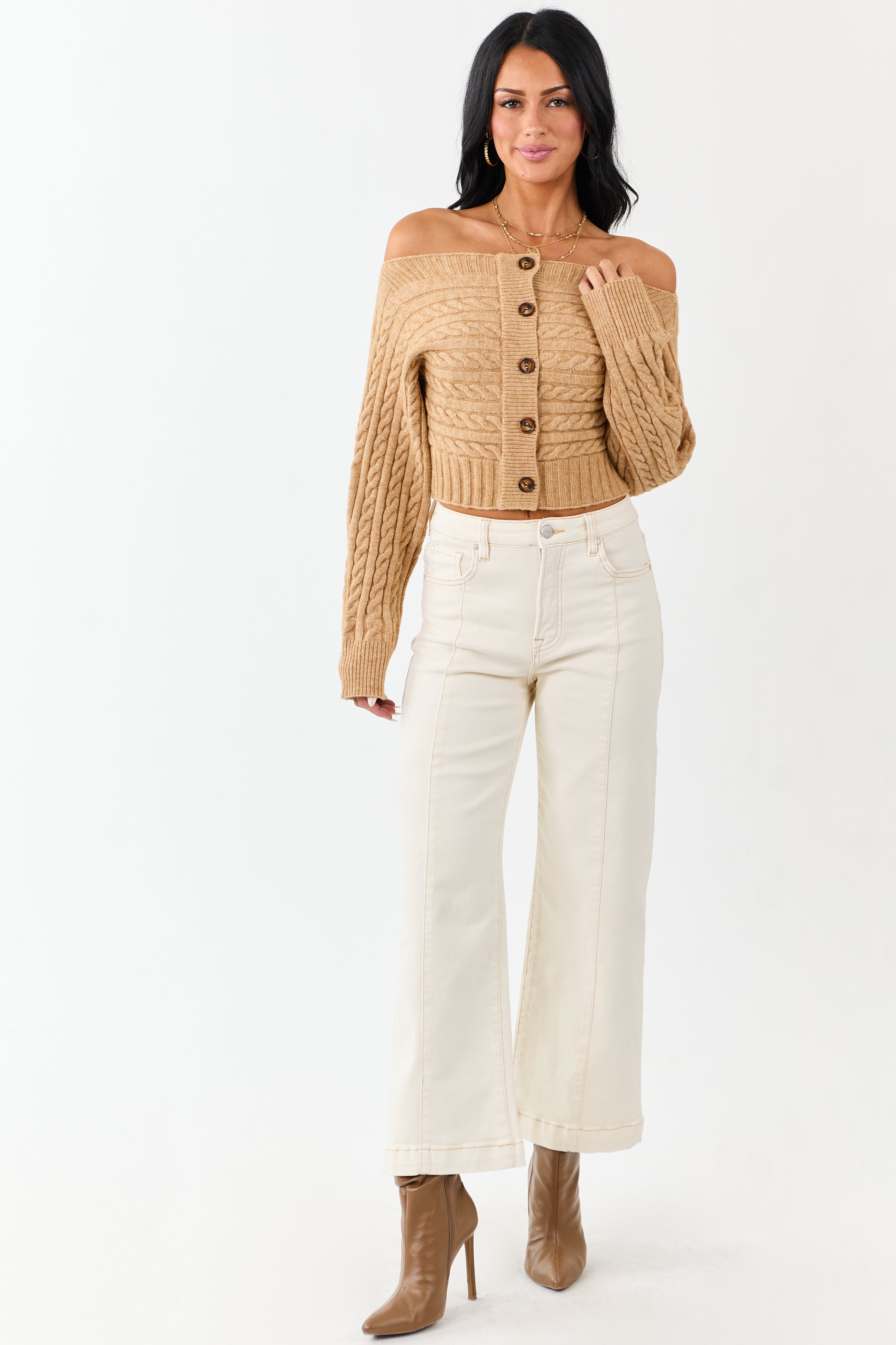Risen Cream Tummy Control Wide Leg Stretchy Jeans