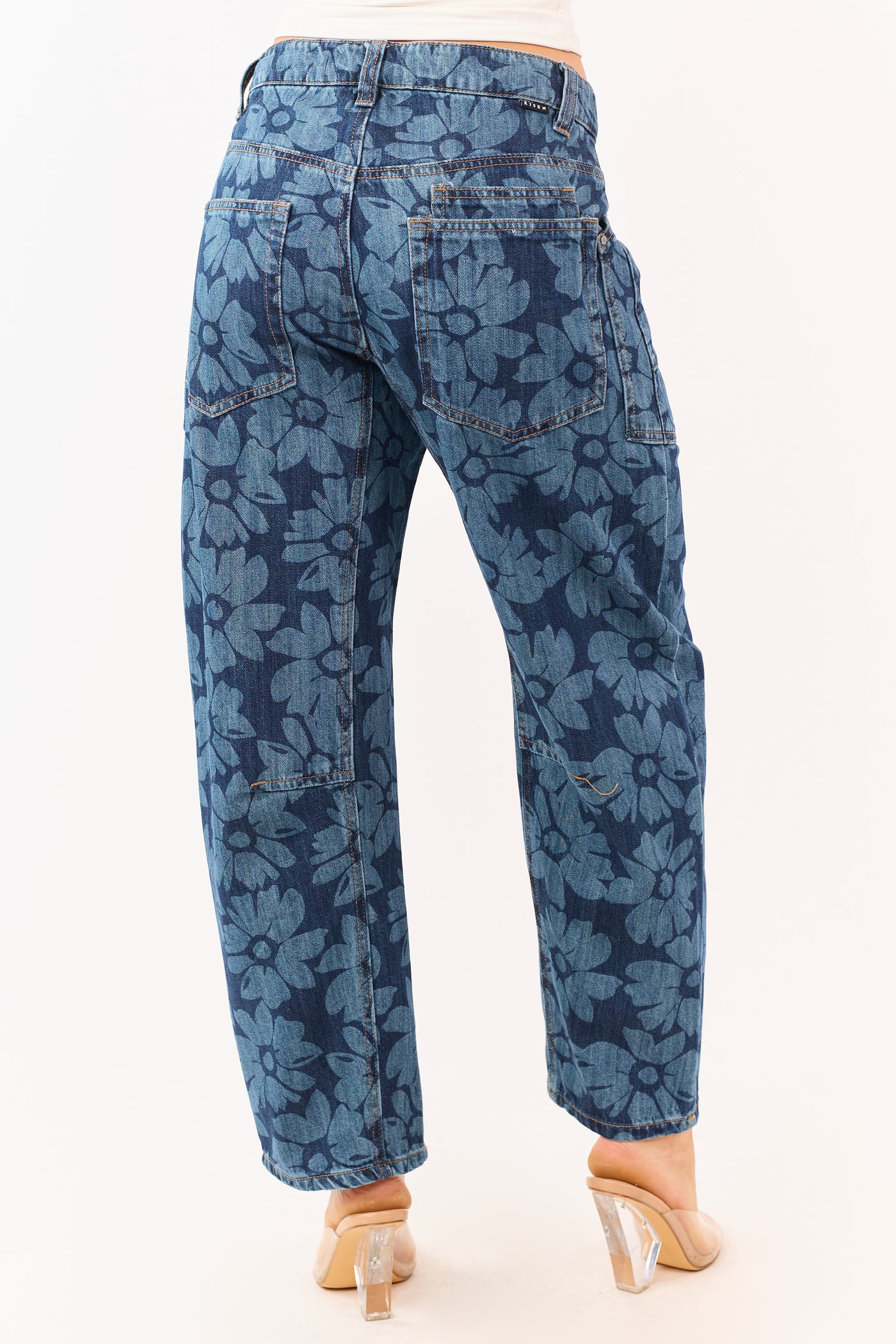 Risen Dark Wash Floral Print Drawstring Barrel Jeans