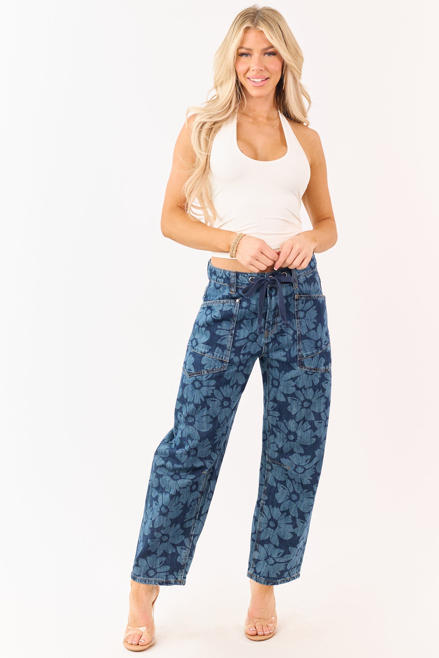 Risen Dark Wash Floral Print Drawstring Barrel Jeans