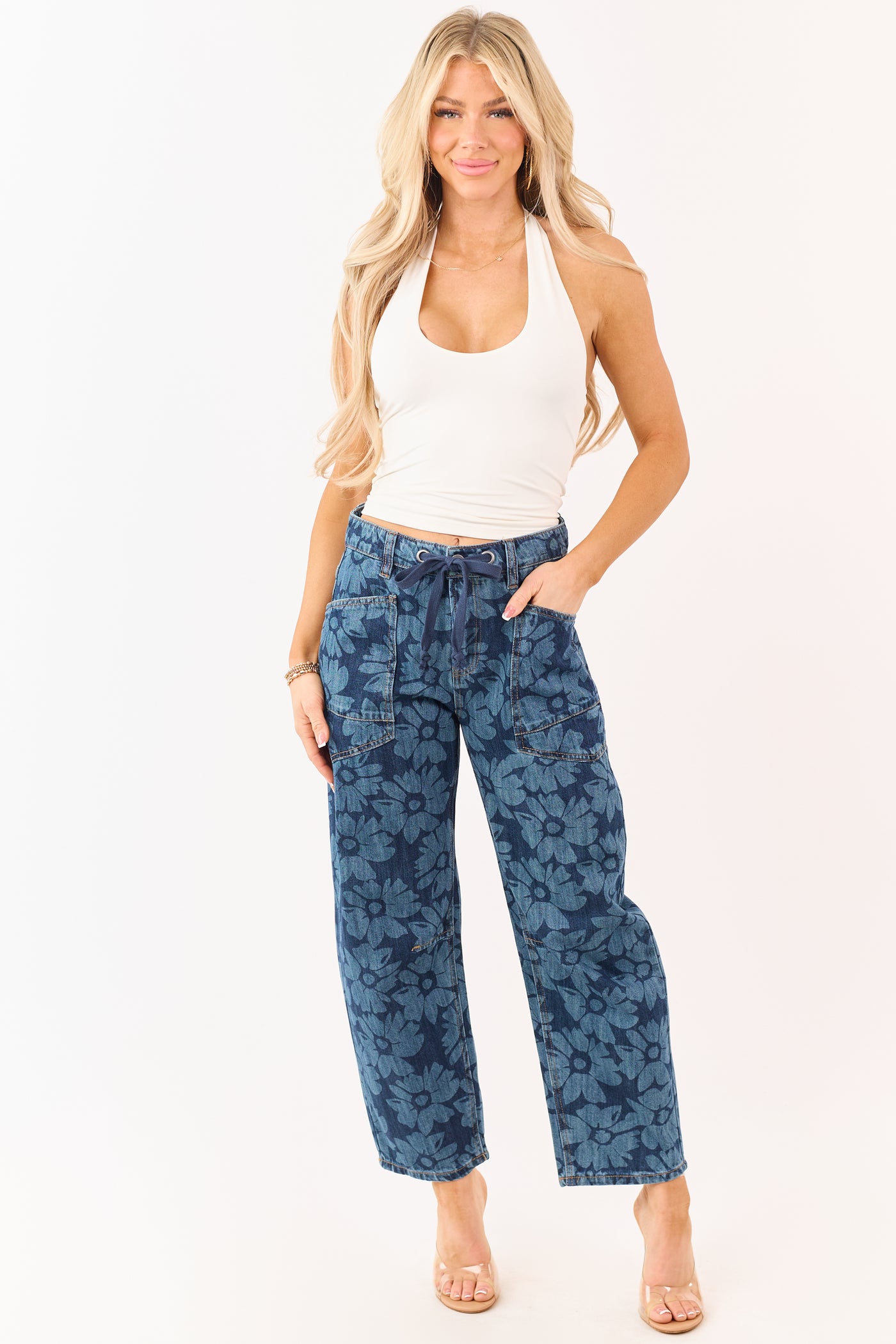 Risen Dark Wash Floral Print Drawstring Barrel Jeans