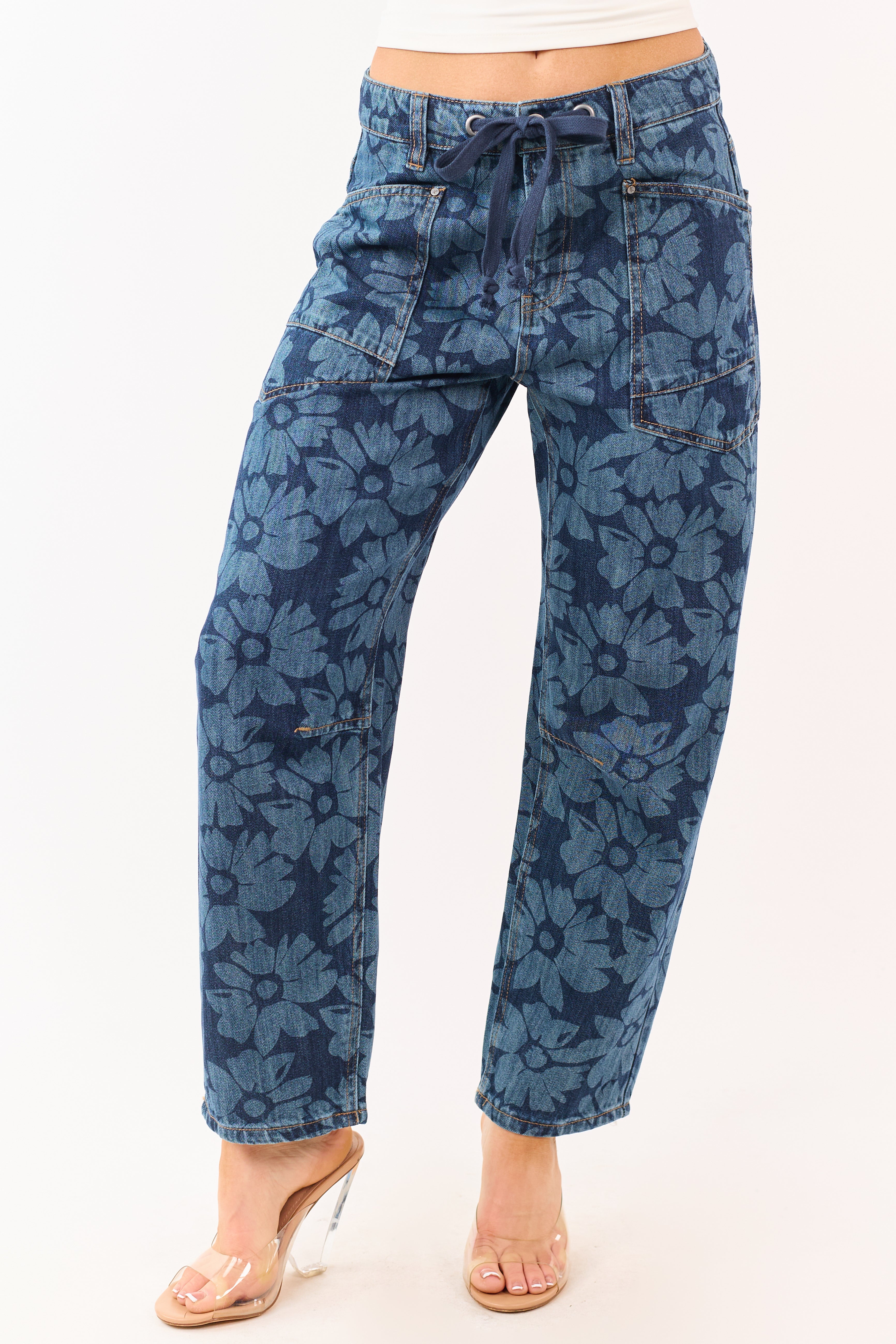 Risen Dark Wash Floral Print Drawstring Barrel Jeans