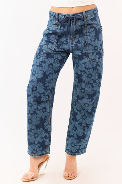 Risen Dark Wash Floral Print Drawstring Barrel Jeans