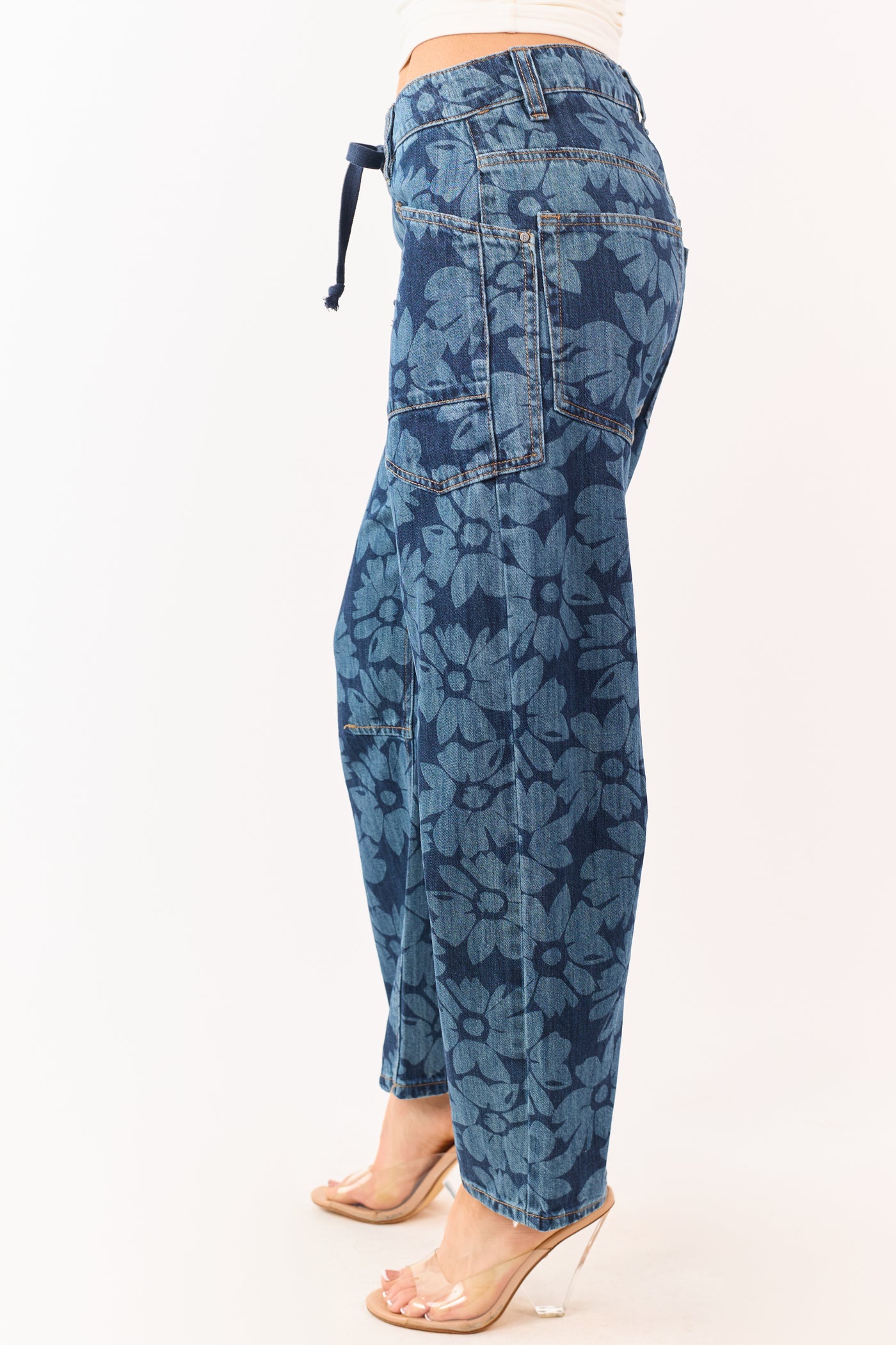 Risen Dark Wash Floral Print Drawstring Barrel Jeans