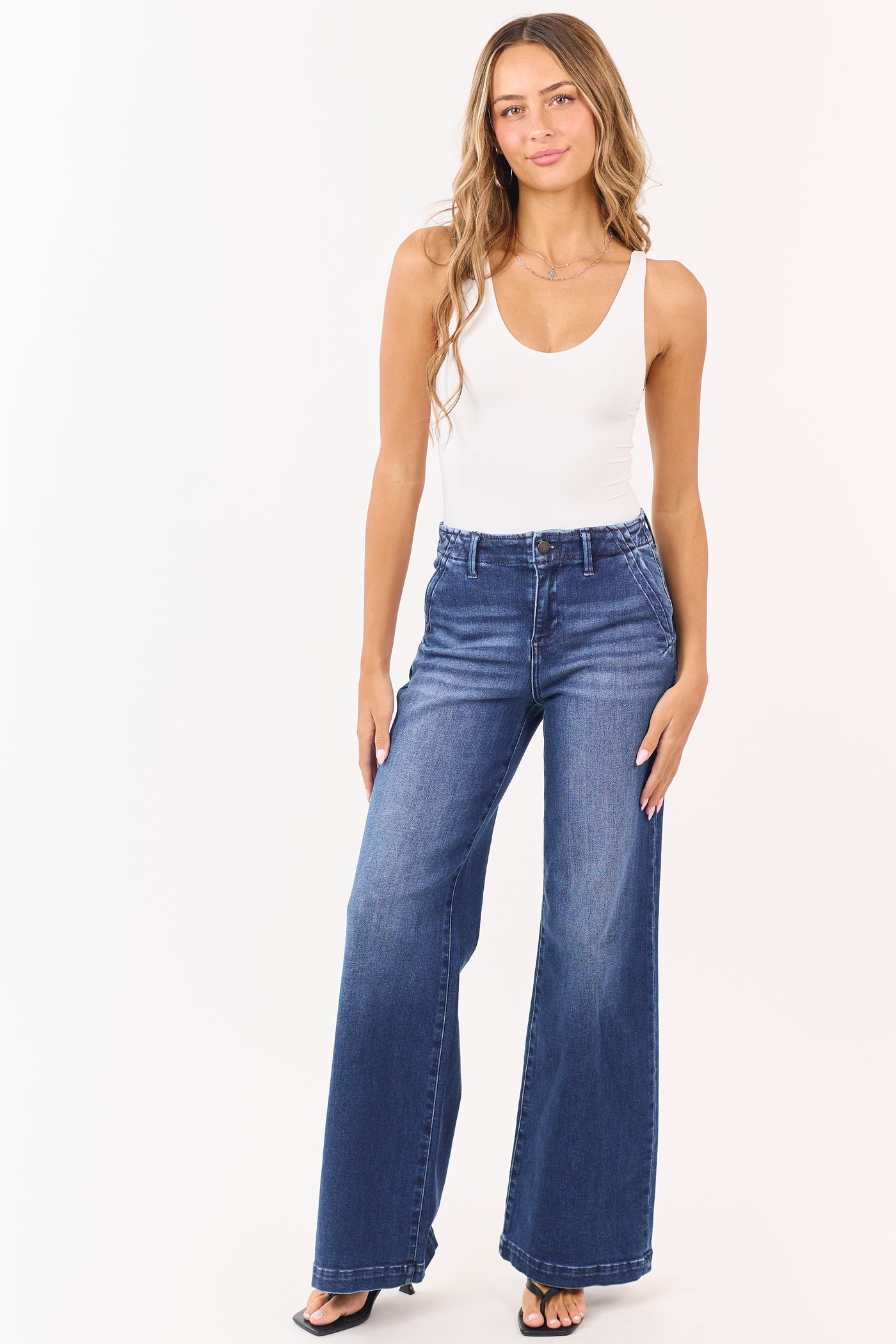 Risen Dark Wash High Rise Stretchy Wide Leg Jeans