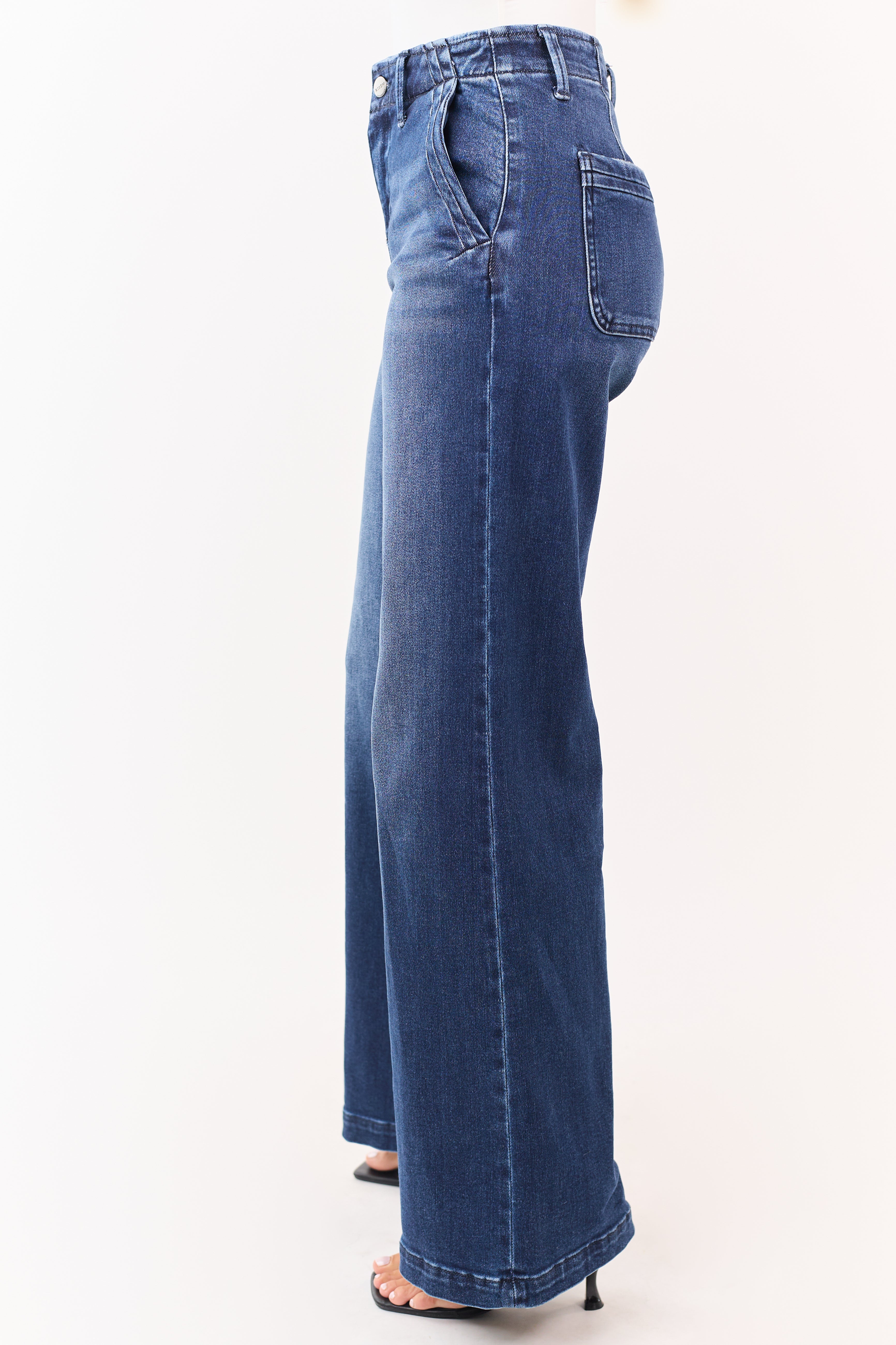 Risen Dark Wash High Rise Stretchy Wide Leg Jeans
