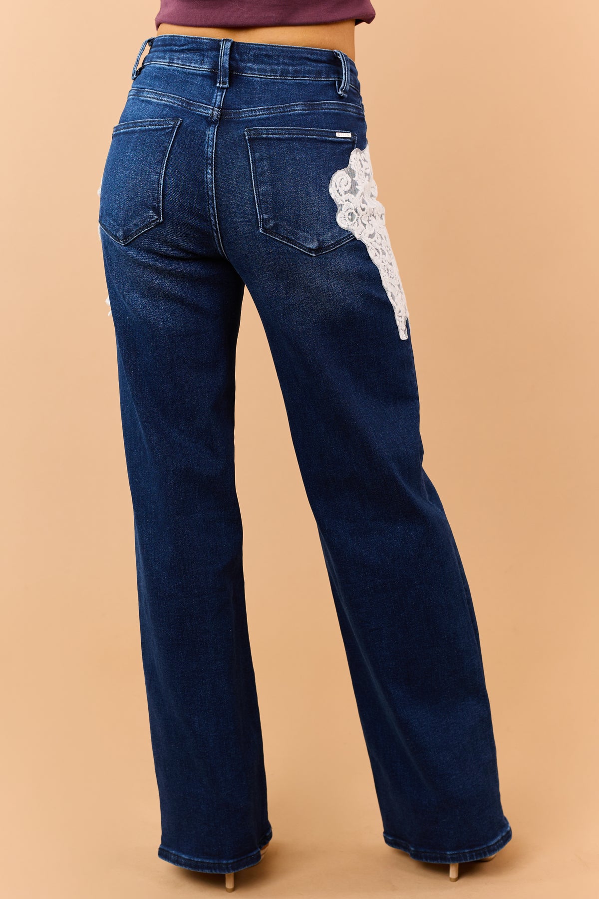 Risen Dark Wash Lace Detail Stretchy Wide Leg Jeans