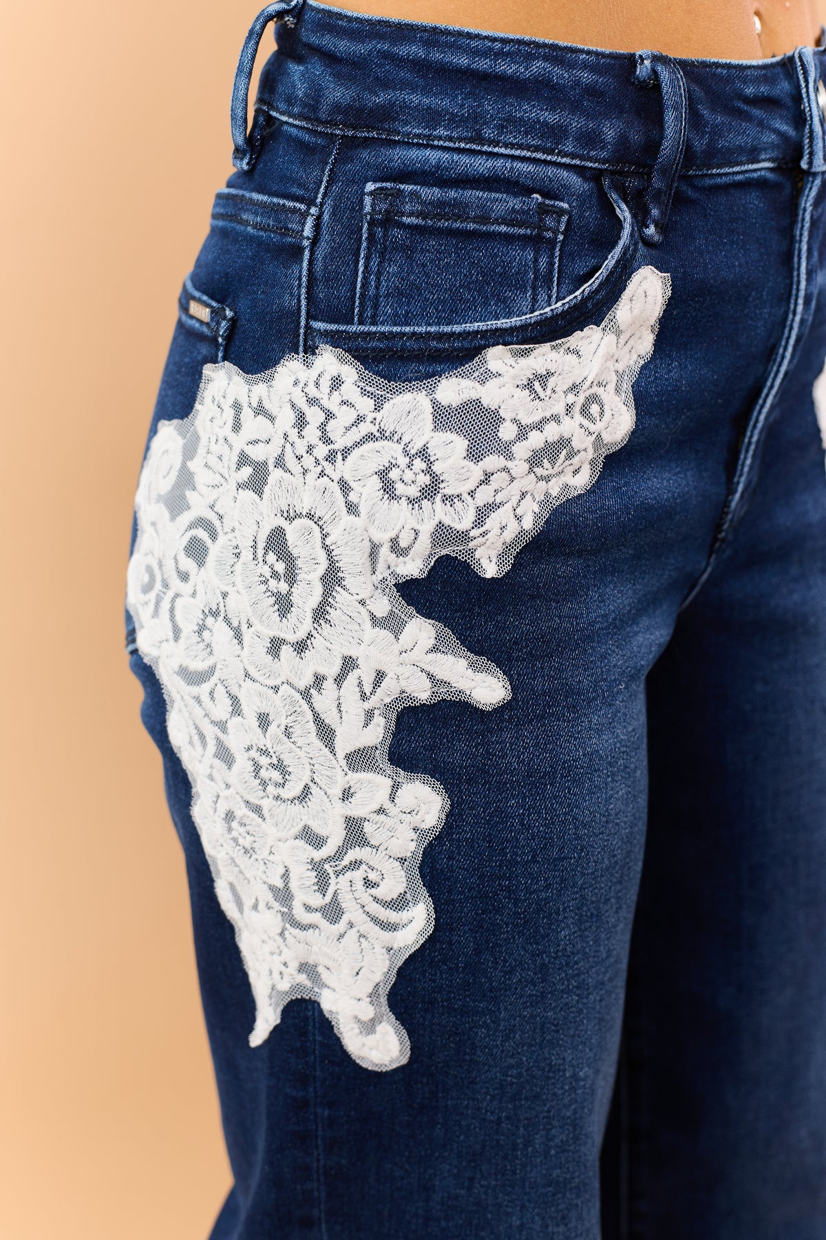 Risen Dark Wash Lace Detail Stretchy Wide Leg Jeans