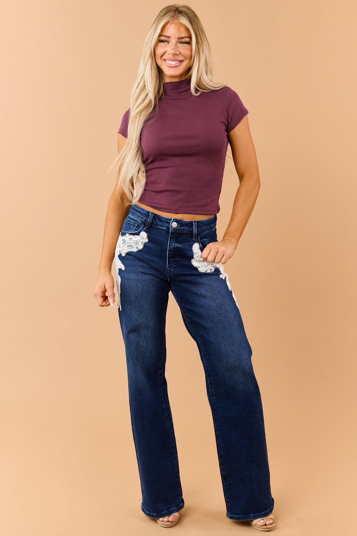 Risen Dark Wash Lace Detail Stretchy Wide Leg Jeans