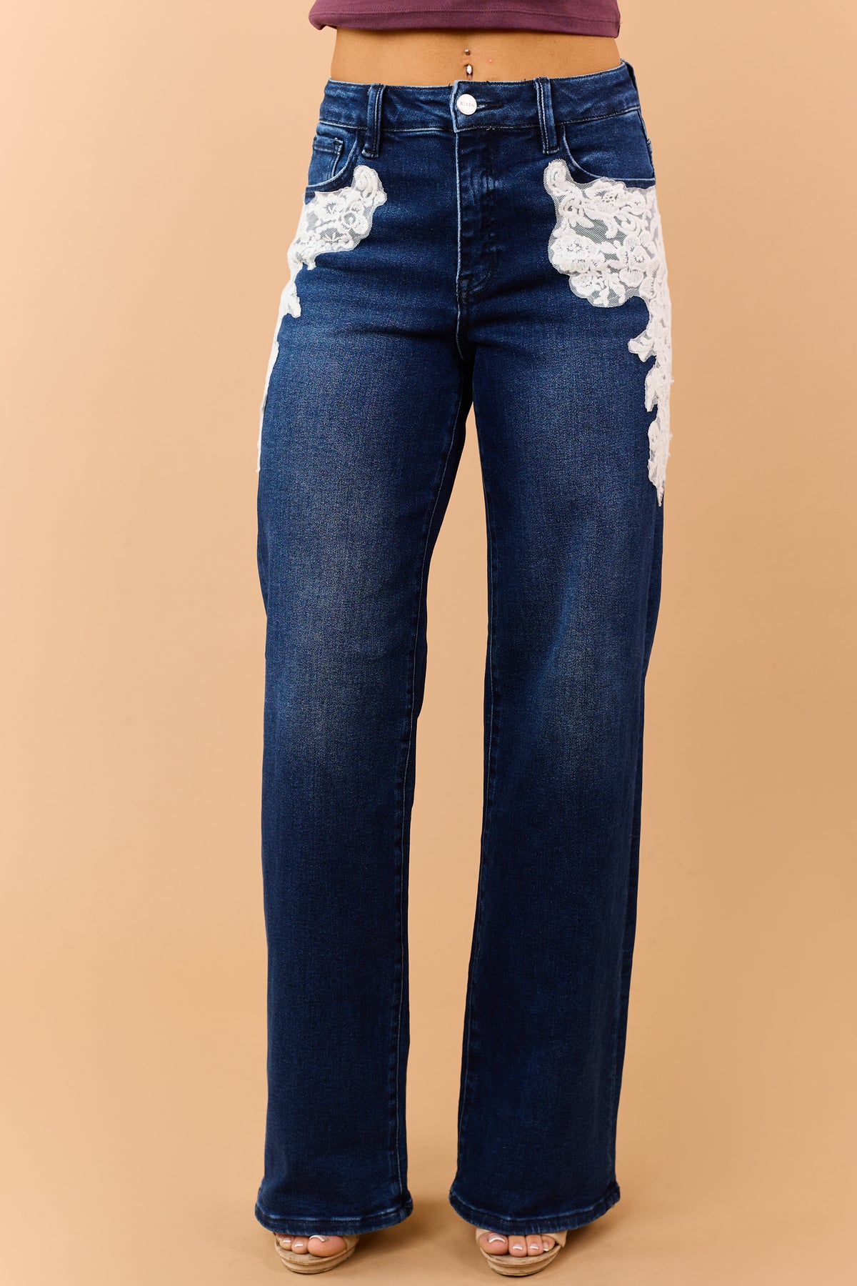 Risen Dark Wash Lace Detail Stretchy Wide Leg Jeans