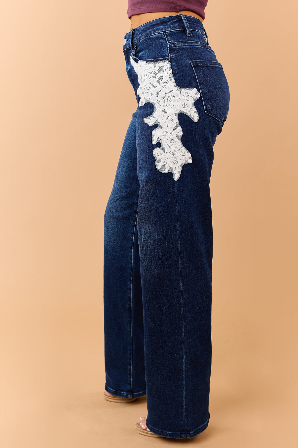 Risen Dark Wash Lace Detail Stretchy Wide Leg Jeans