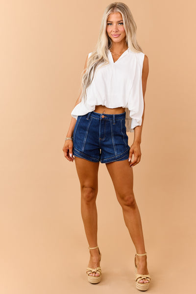 Risen Dark Wash Layered Hem Stretchy Jean Shorts