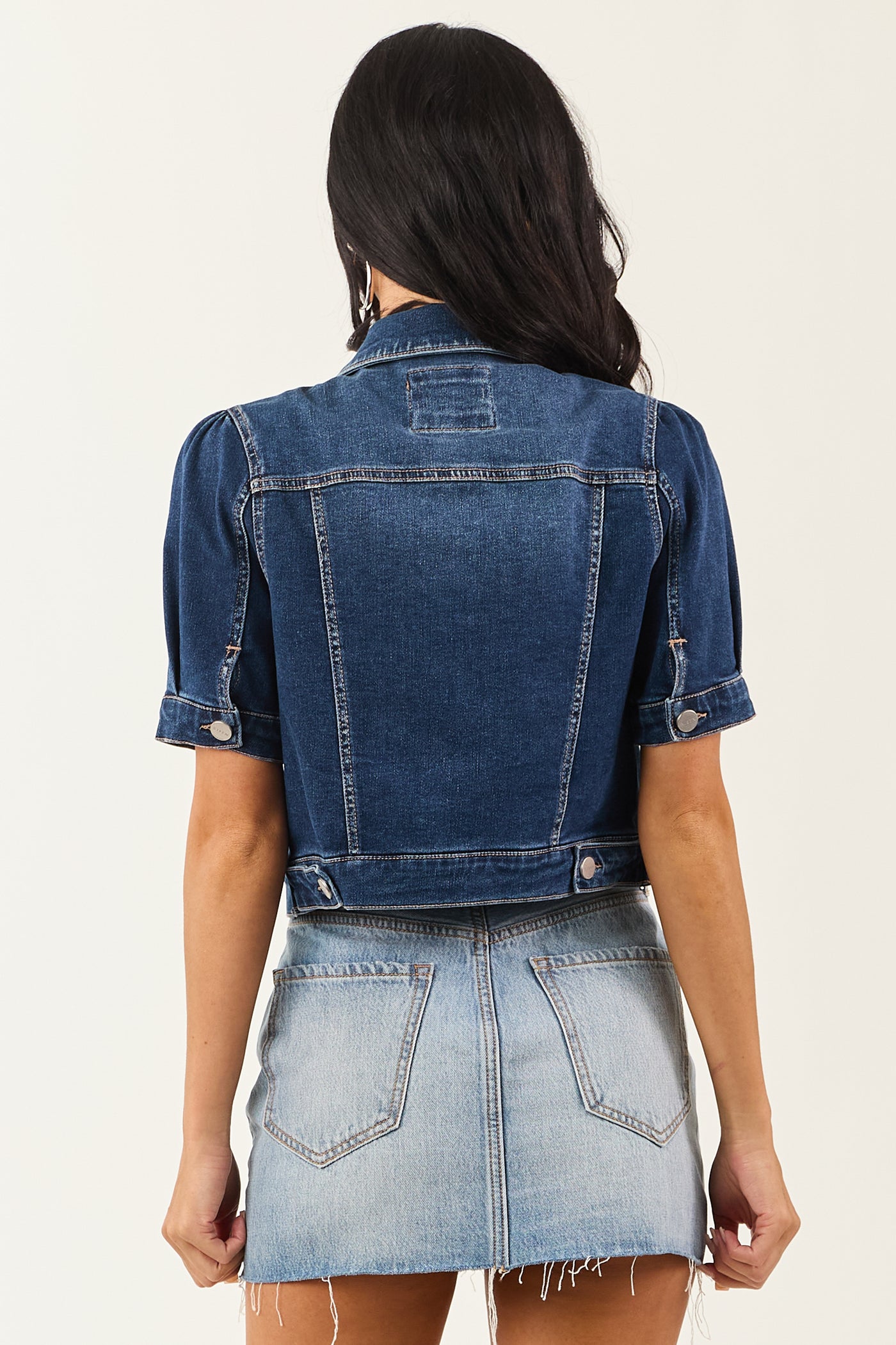 Risen Dark Wash Short Puff Sleeve Cropped Denim Jacket