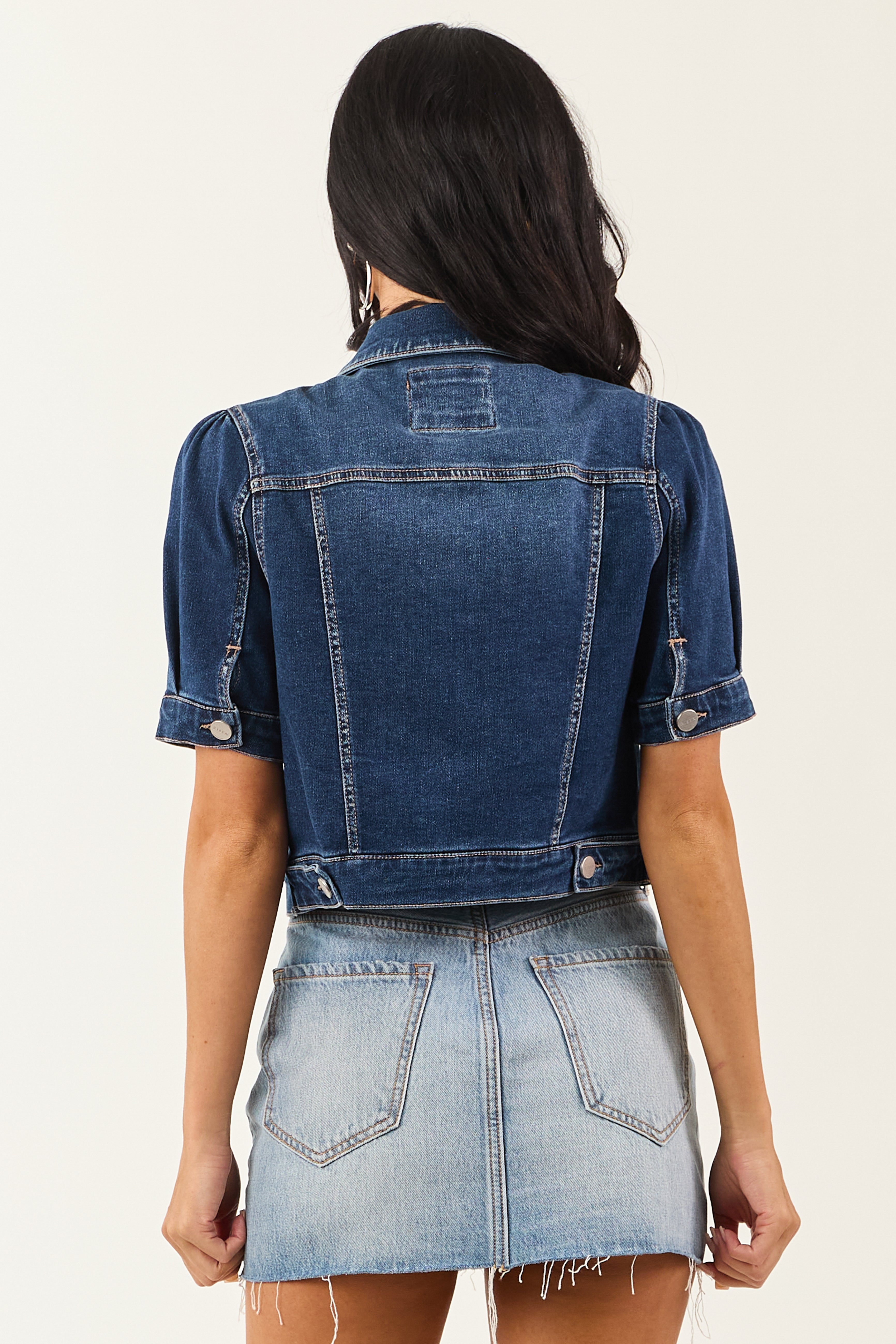 Risen Dark Wash Short Puff Sleeve Cropped Denim Jacket