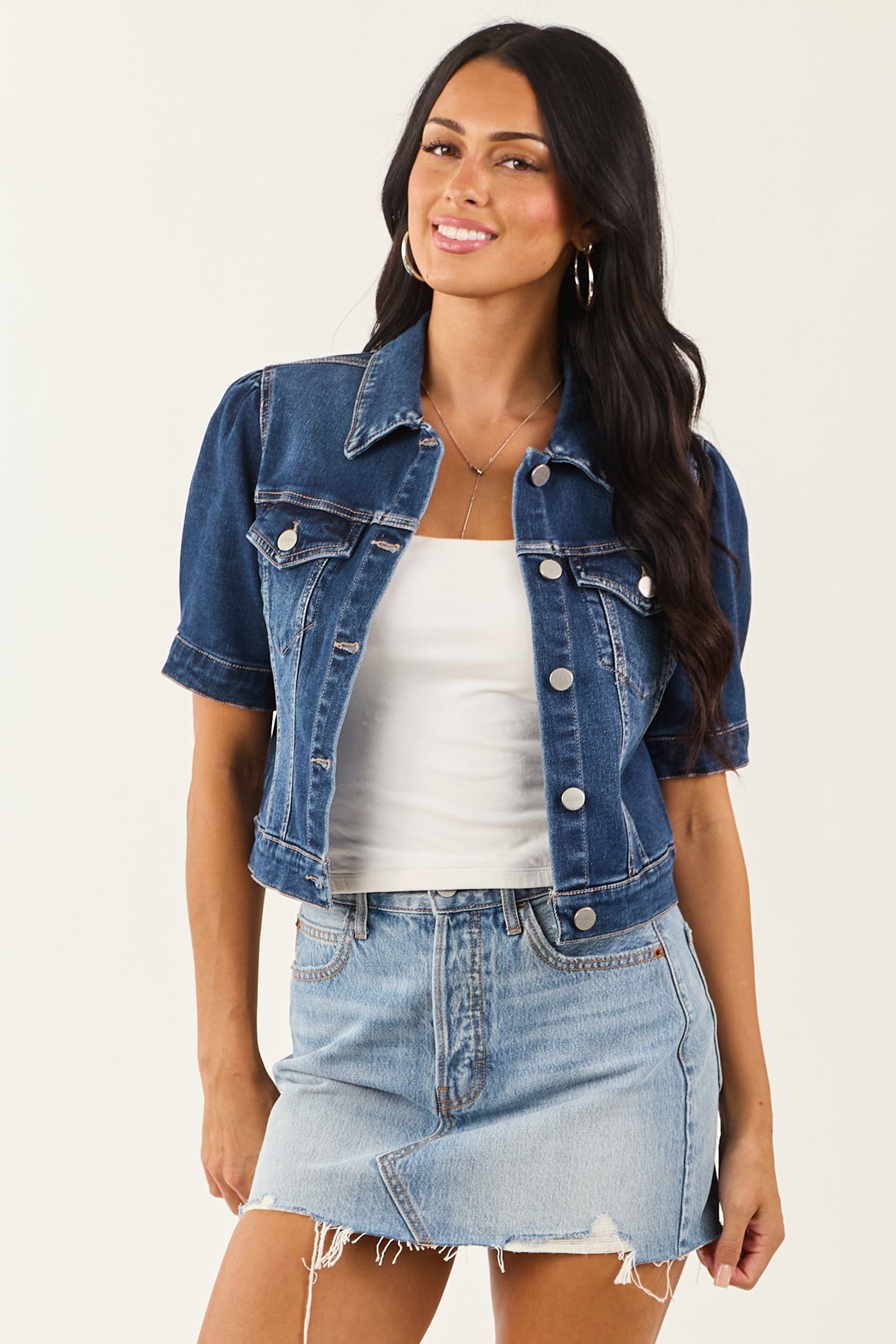 Risen Dark Wash Short Puff Sleeve Cropped Denim Jacket